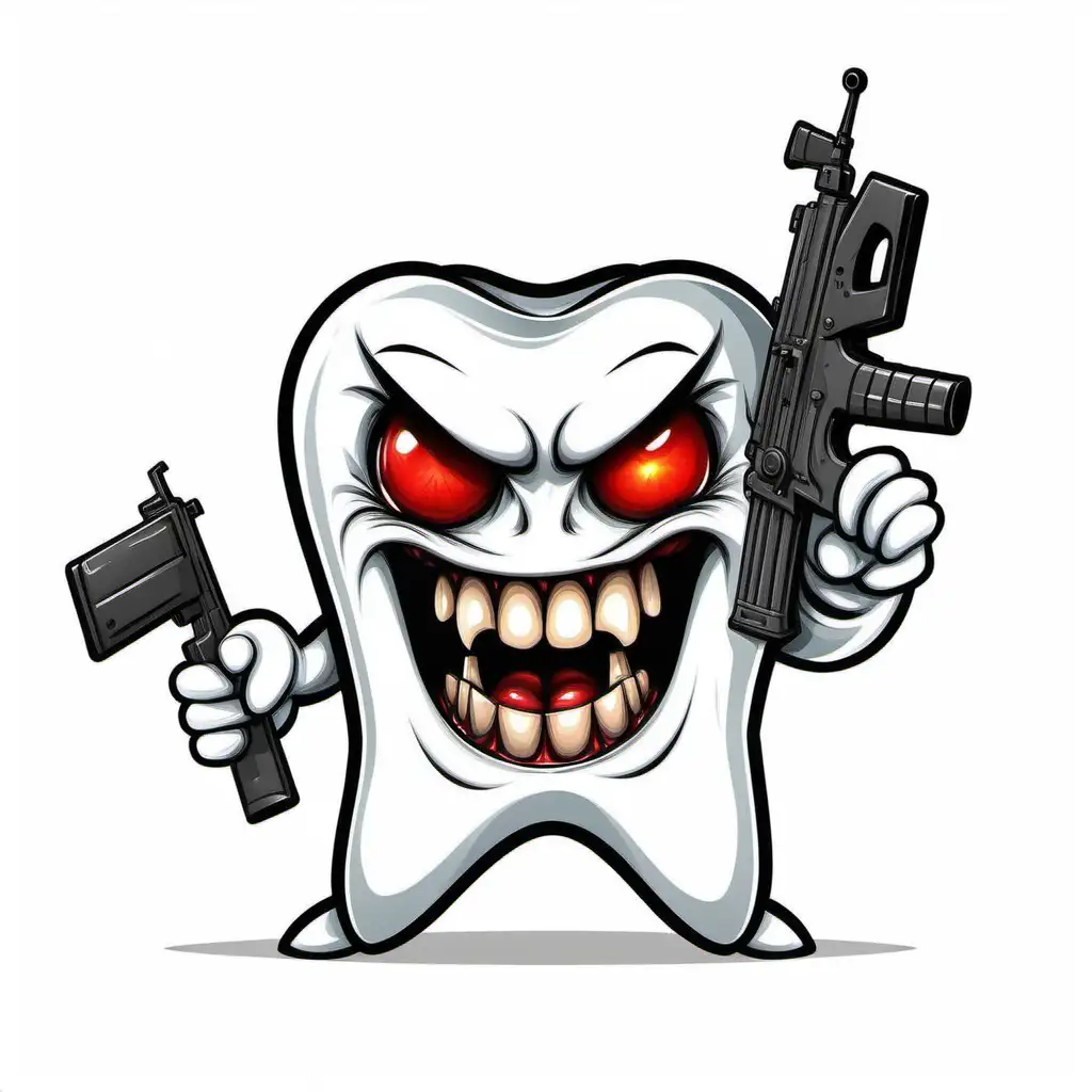 vector cartoon tooth, with red eyes, angry, with an AK-74 assault rifle, on a white background