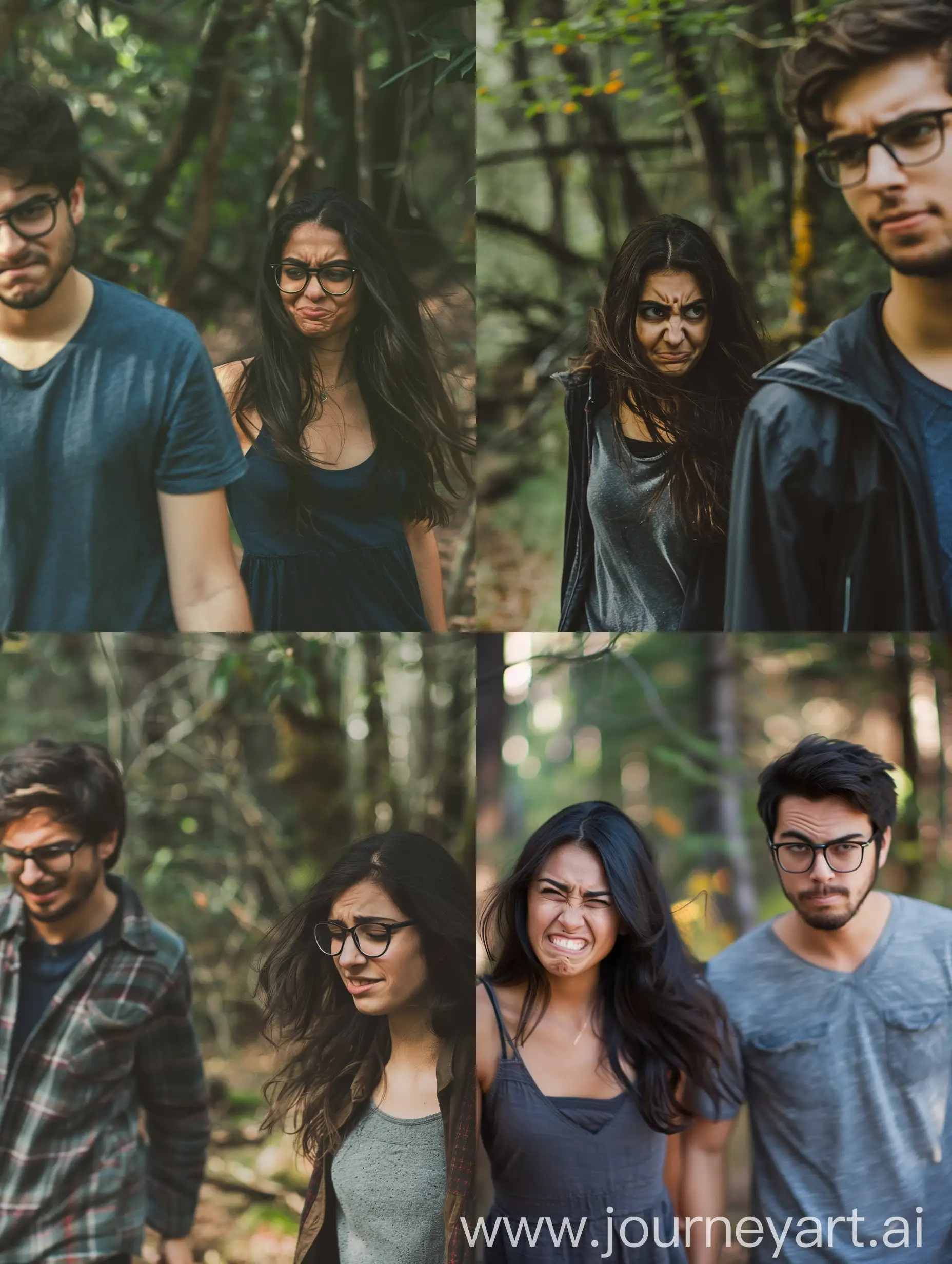 a dark-haired frowning young woman walking away from a smirking handsome man in glasses, they are in the forest