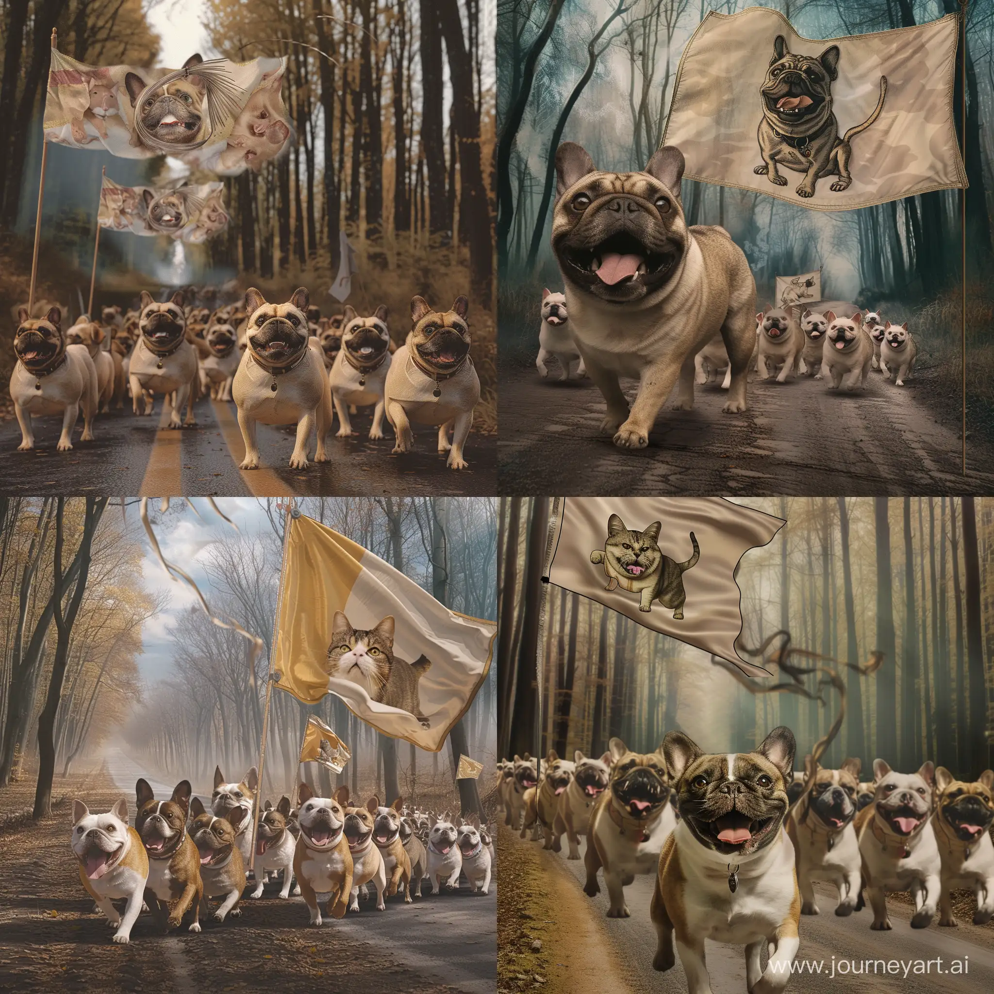 an army of Franch bulldog, proud and happy, marching through a road in the woods, meaowing and singing, with a flag weaving in the air representing an araldic version of a cat --v 6