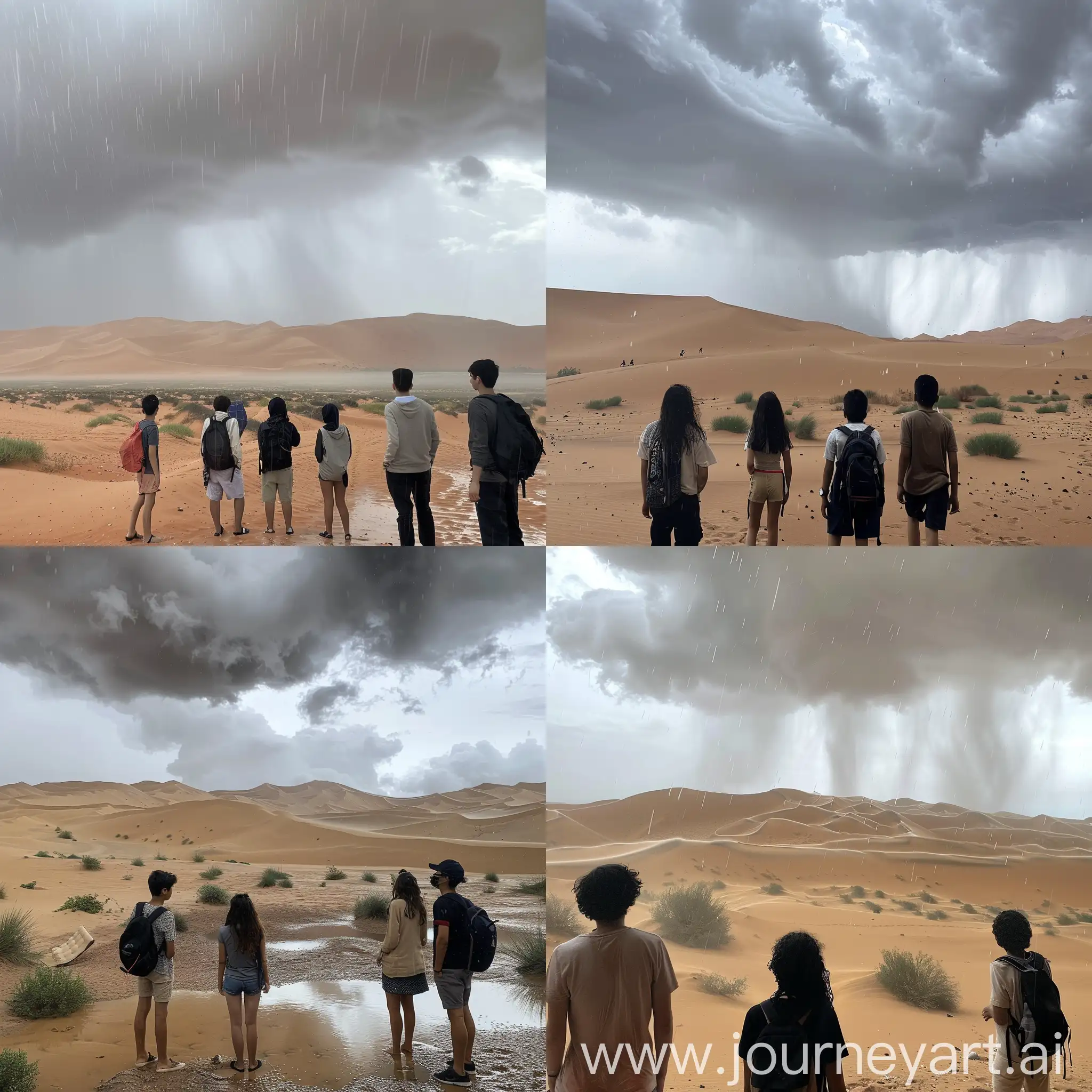 Bafaq desert photo in rainy weather as if it was taken with iPhone 14 that witjou very black cloud with some teenagers --v 6 --ar 1:1 --no 30529