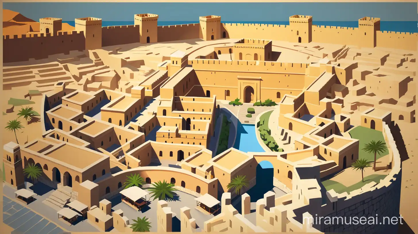 Mixed style of flat vector art and travel poster: recreation of ancient fortified city of Mari with ancient internal rampart and ancient Phoenician dwellings and two circular city walls, one around the rampart and one around the whole town with city gate.