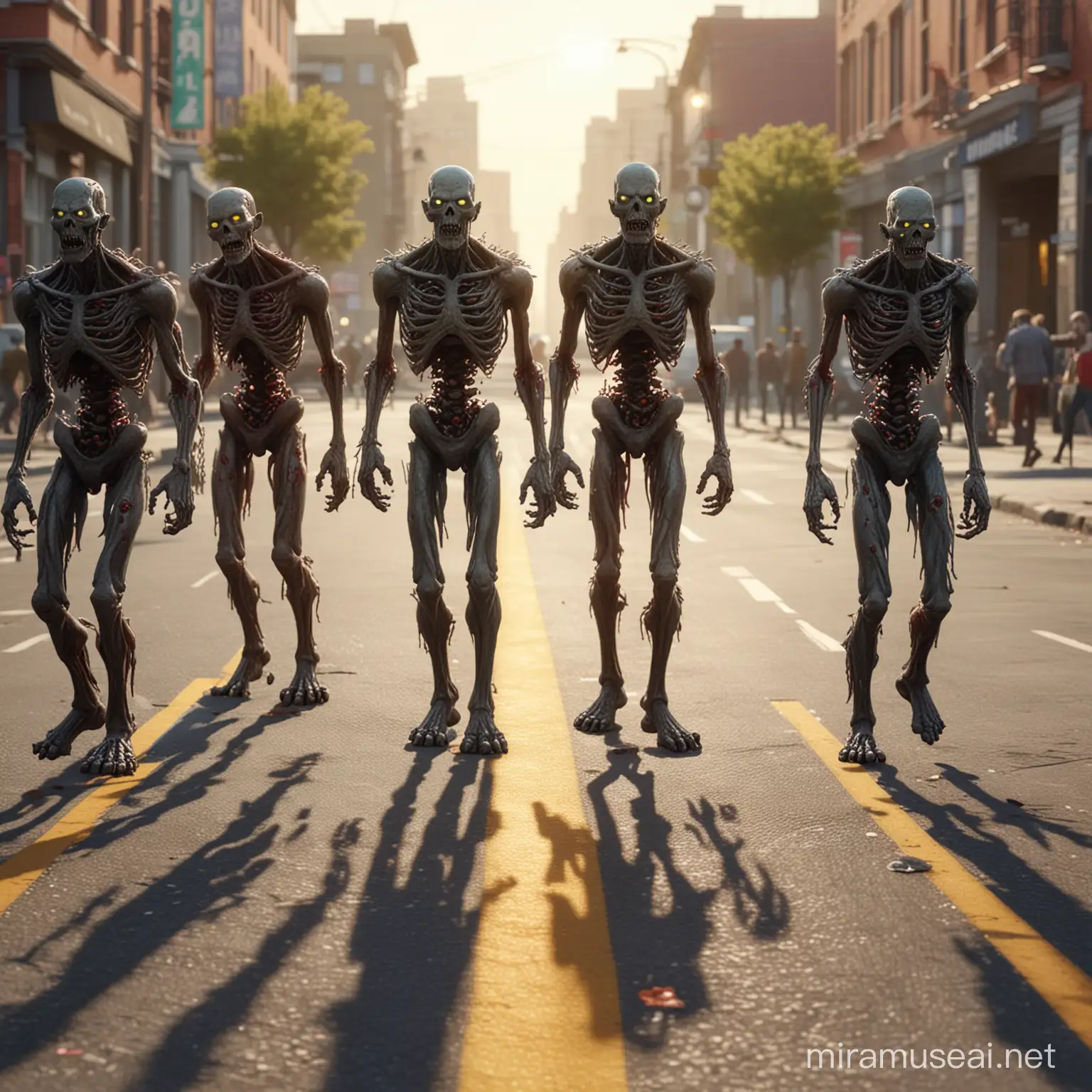 Dynamic Poses of Cartoon Style Zombies Crossing a Road