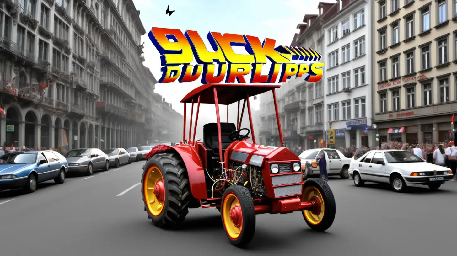 Please create an image with the following specifications:  It must contain the text "99er Durlips", the text should be in the style of the movie Back to the Future, in the image there should be a tractor with butterfly doors, the image should contain typical elements of the Carnival of Basel