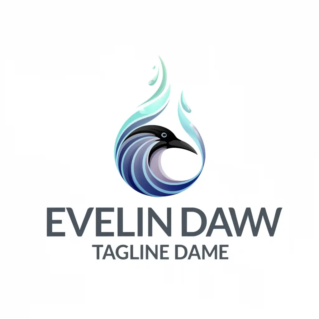 a logo design, with the text 'Eveline Daw', main symbol: abstractly painted crow head inside fluid feathery water droplet, cold colors, splashes, minimal lines, Minimalistic, to be used in Entertainment industry, clear background