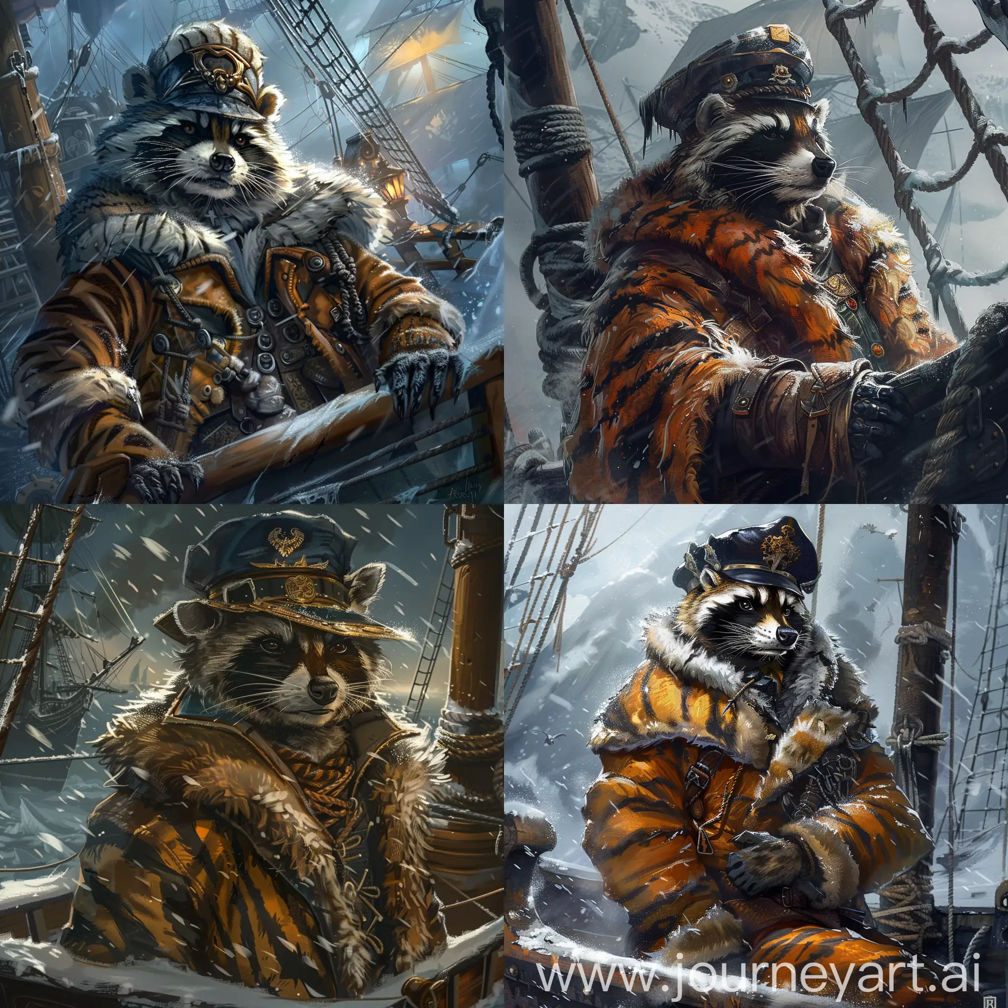 Енот - капитан на севере мёрзнет на корабле накинув шкуру тигра и капитанскую шляпу, Фростпанк арт