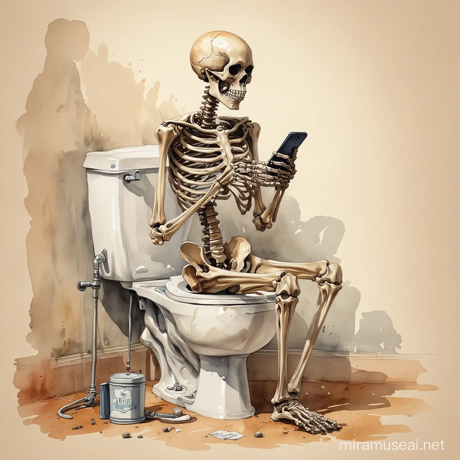 watercolor, Very nice drawing, flat, 2d, vintage style, a skeleton ,Drop your pants and sit on the toilet ,holding a smartphone,