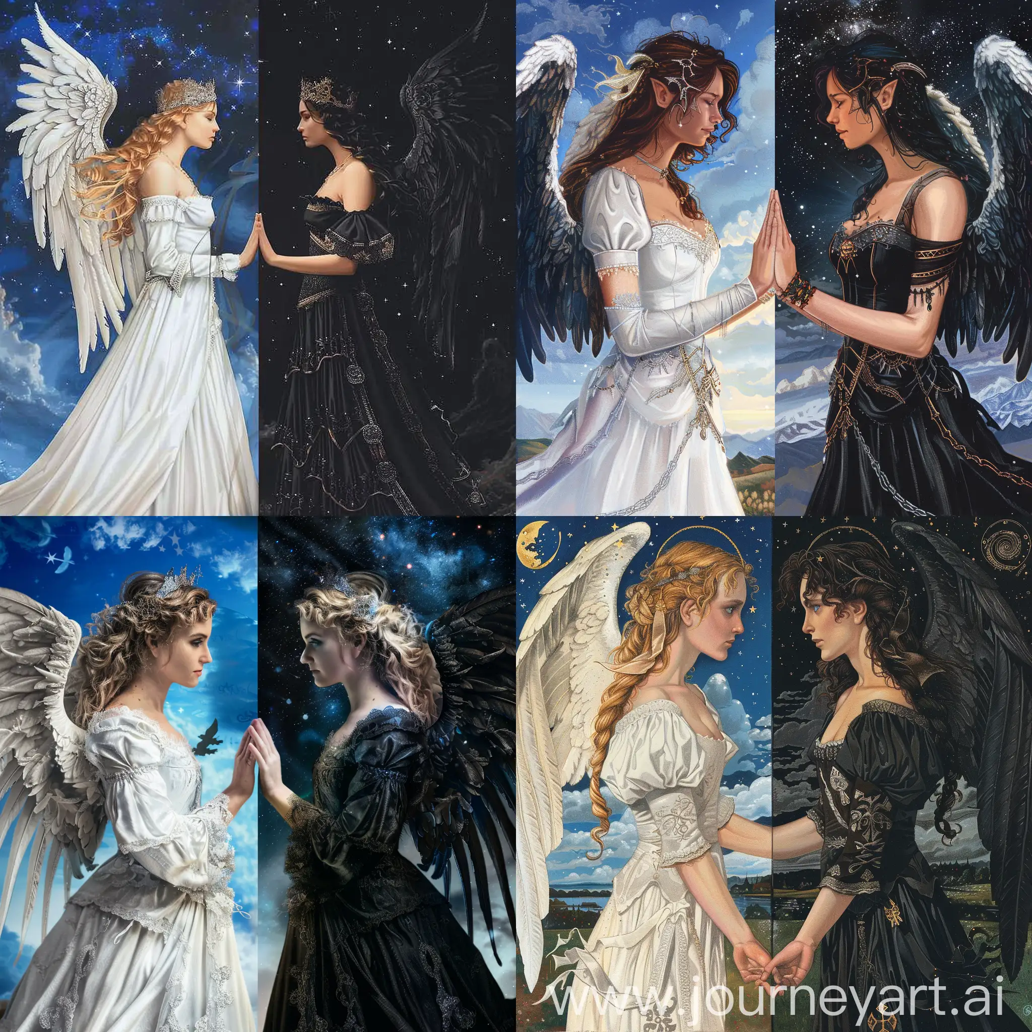 Image divided into two. Left side daytime with blue sky and right side nighttime with dark sky and stars. In the daytime side is a medieval angel in a white medieval dress and on the night time side is an angel in a black medieval dress and black wings. Their hands are touching in the middle 