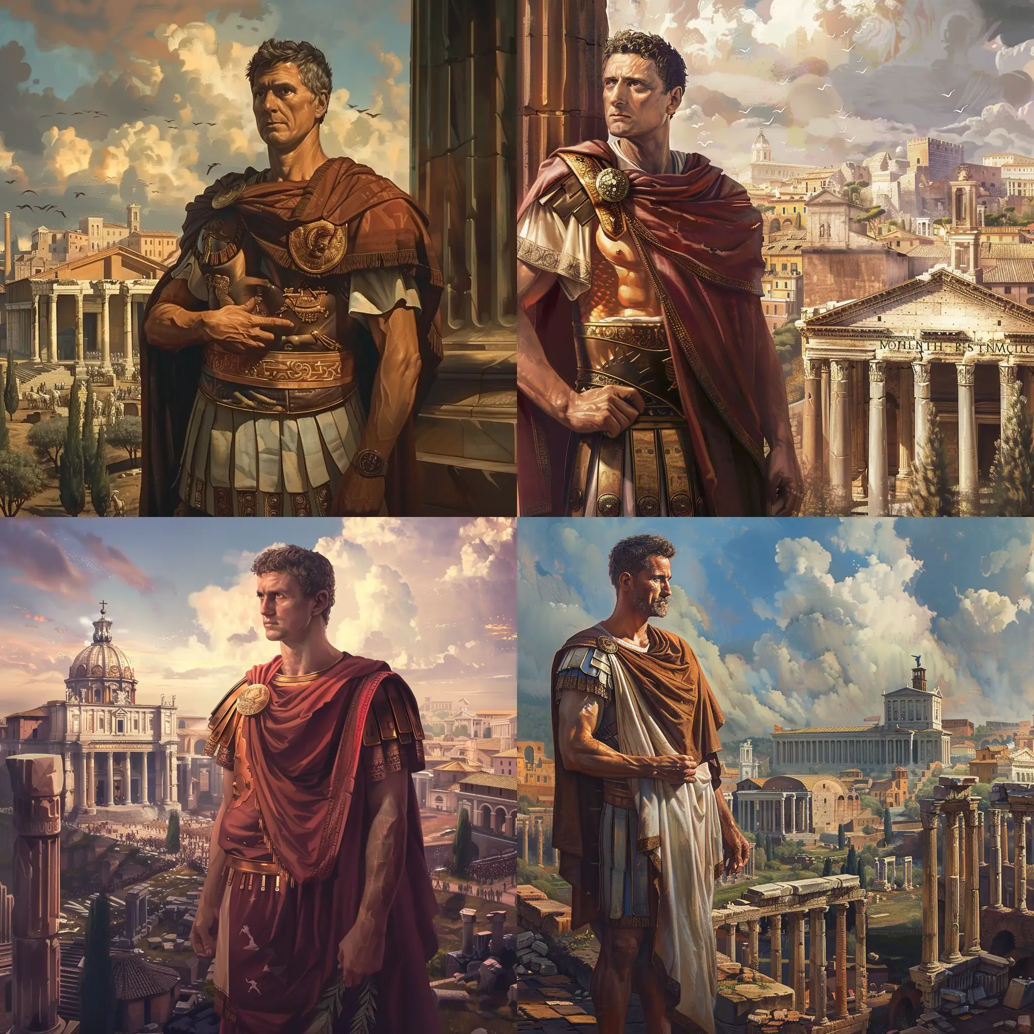 Emperor Augustus standing in front of ancient Rome, artistic style
