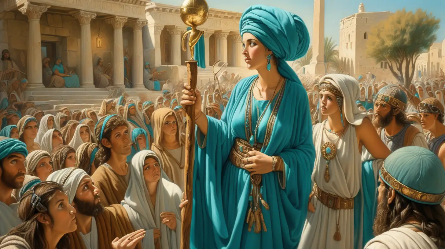 Biblical Prophetess with Turquoise Turban and IdolWielding Staff in Ancient Hebrew City