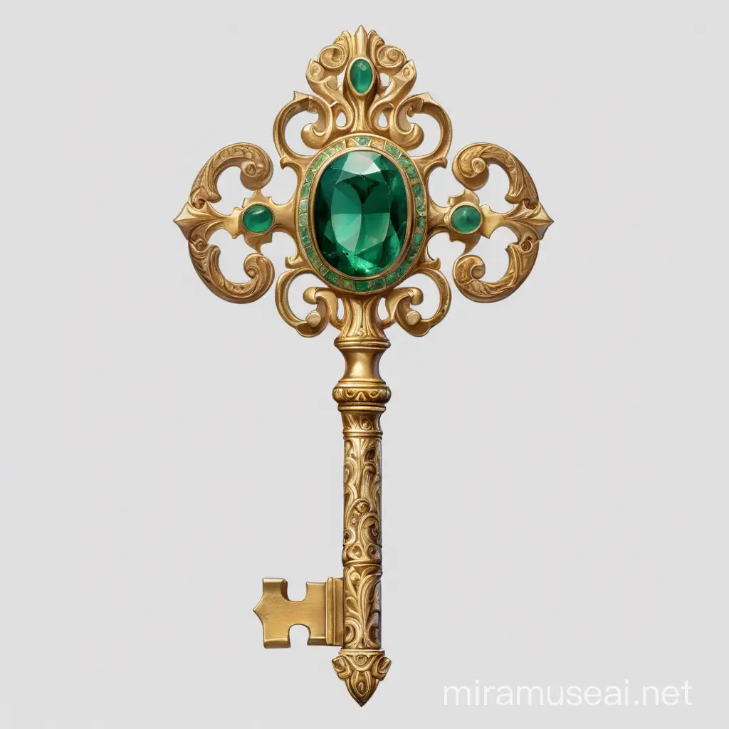 una llave color oro, antigua y con una piedra color esmeralda en la empuñadura