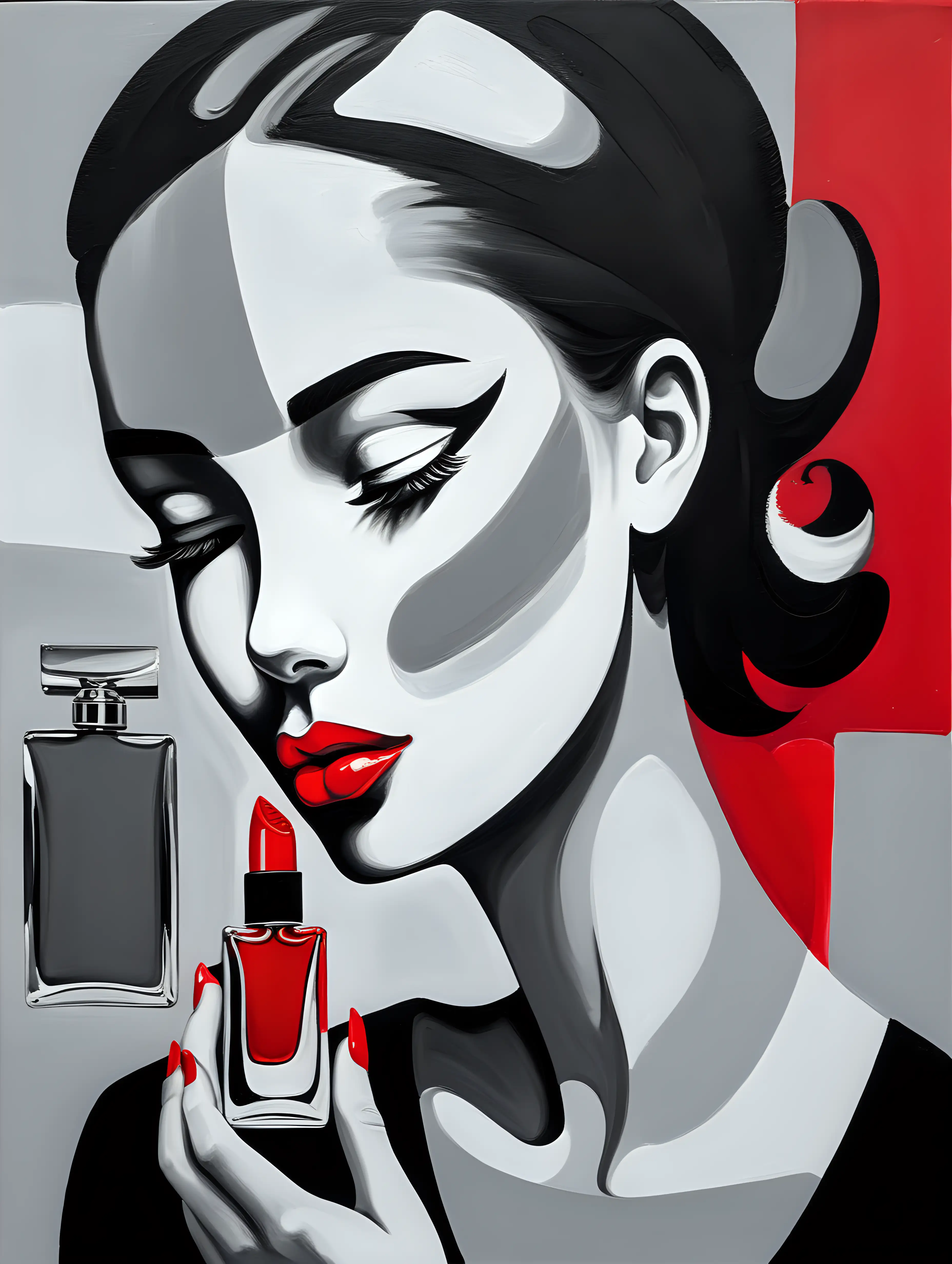 abstract painting, use palette of red, black and gray. Draw a  woman's face, lipstick, perfume, comb, handbag, in a minimalist form