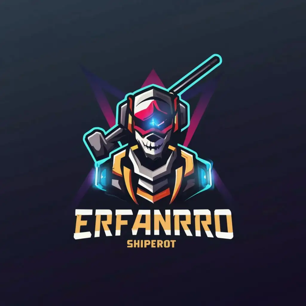 a logo design,with the text "ErfanRo ", main symbol:Transforming the sleek skeleton robot into a more dynamic and edgy design, the SniperBot Gaming logo features bold, sharp lines and vibrant colors. The sniper camera lens now emits a pulsating red glow, adding intensity to the overall look. The body of the robot is enhanced with metallic accents and electric blue highlights, giving it a futuristic and gaming-inspired aesthetic.,Moderate,be used in Technology industry,clear background