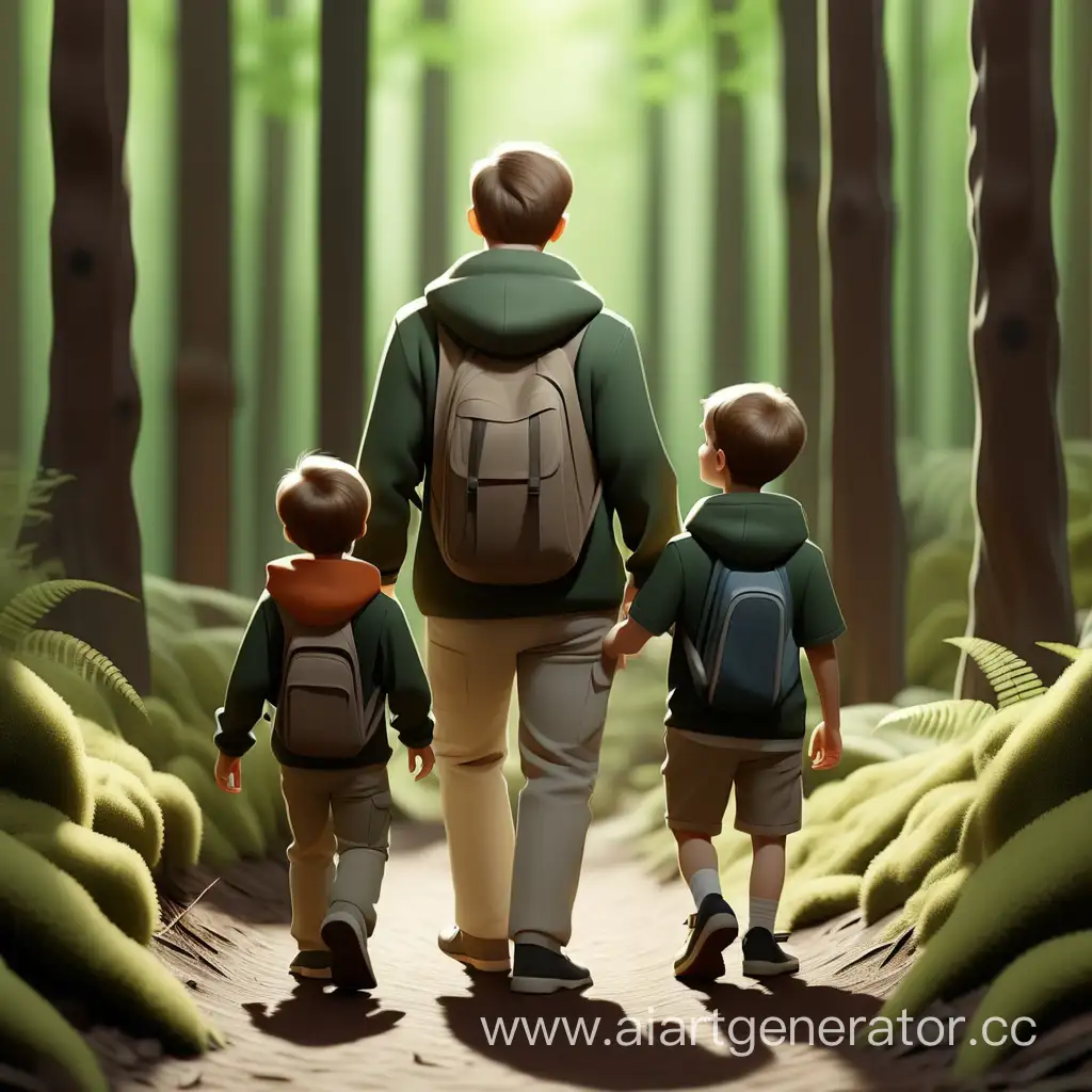 Два мальчика и их дядя идут по лесу
