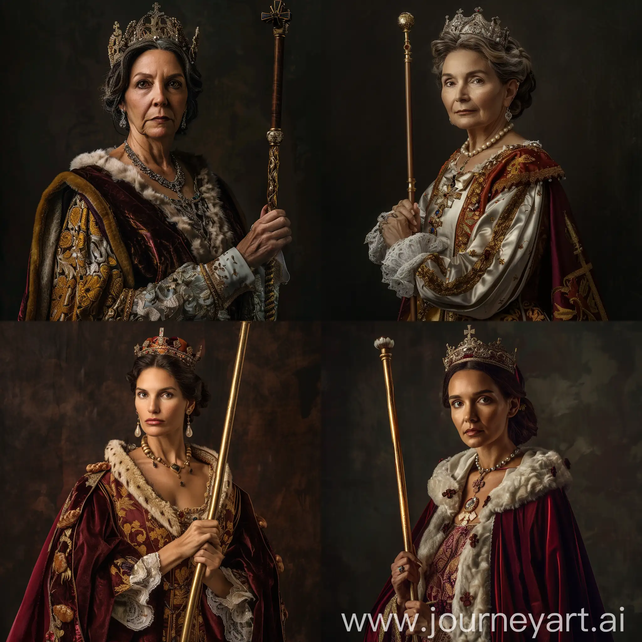 Queen Isabella of Castile, mature, 40 years old, in Catholic Queen attire, royal, she has a noble rod in her hand, posing, cinematic lighting, realistic image