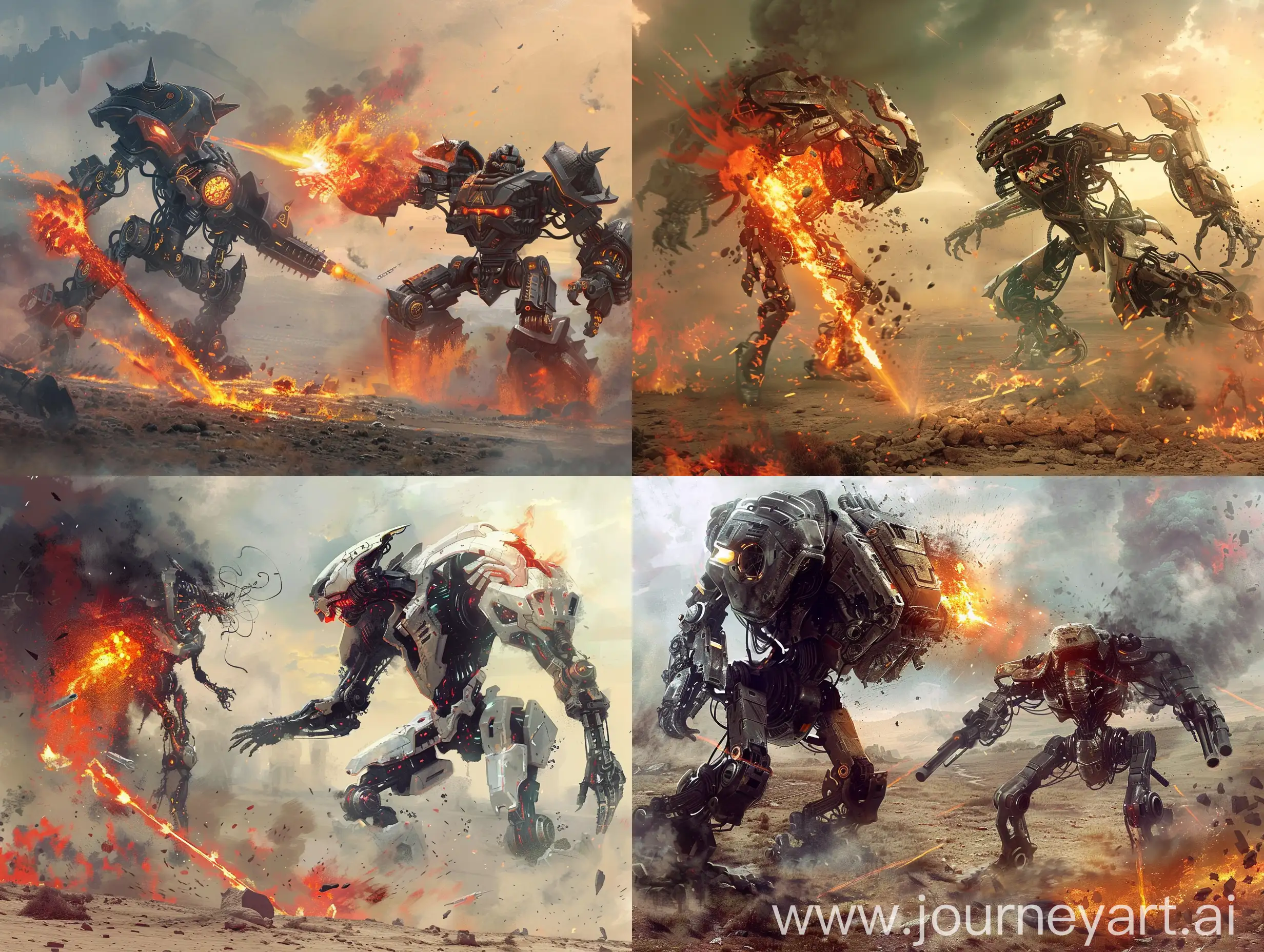 In a desolate and war-torn landscape, set the stage for an epic clash between two powerful robotic beings—one representing the fiery chaos of Hell and the other embodying the serene purity of Heaven. In a single, visually striking scene, depict the intense confrontation between these celestial machines. Consider their distinct features, weaponry, and the environment around them as they engage in a fierce struggle for dominance. Capture the essence of their conflicting nature and the dramatic moment when the forces of Hell and Heaven collide in a dazzling display of futuristic warfare.