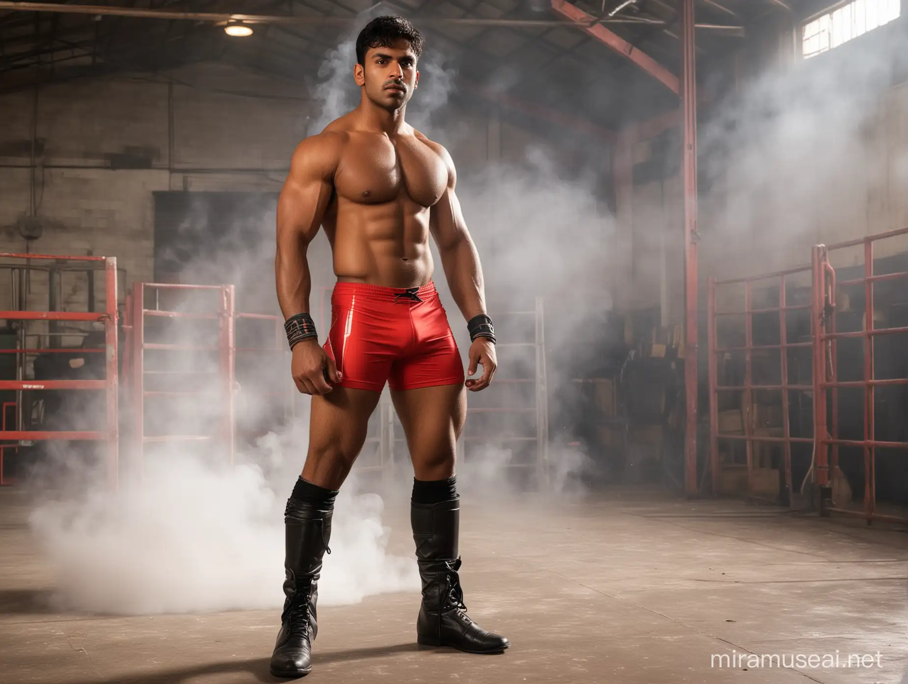 handsome Indian male wrestler with LEAN muscles in his twenties clean shaved. Wearing a tight red wrestling shorts and black boots in a wrestling ring inside a smoke filled warehouse