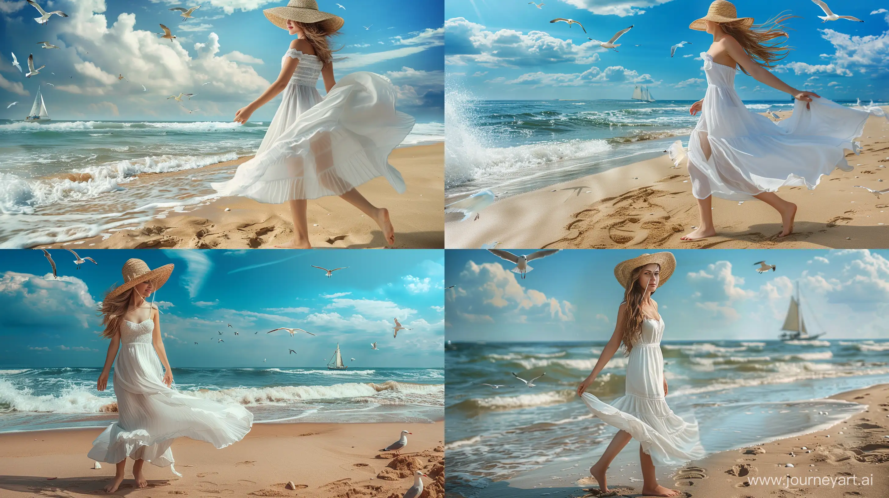 Graceful-Young-Woman-in-Flowing-Dress-Enjoying-Tranquility-on-Sandy-Beach