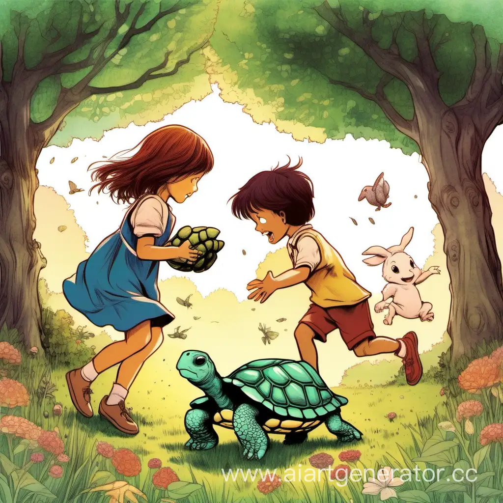 a boy and a girl in a meadow. the girl is playing with a turtle while the boy is playing with a jumping rabbit under a tree. another  girl is coming from away and crying