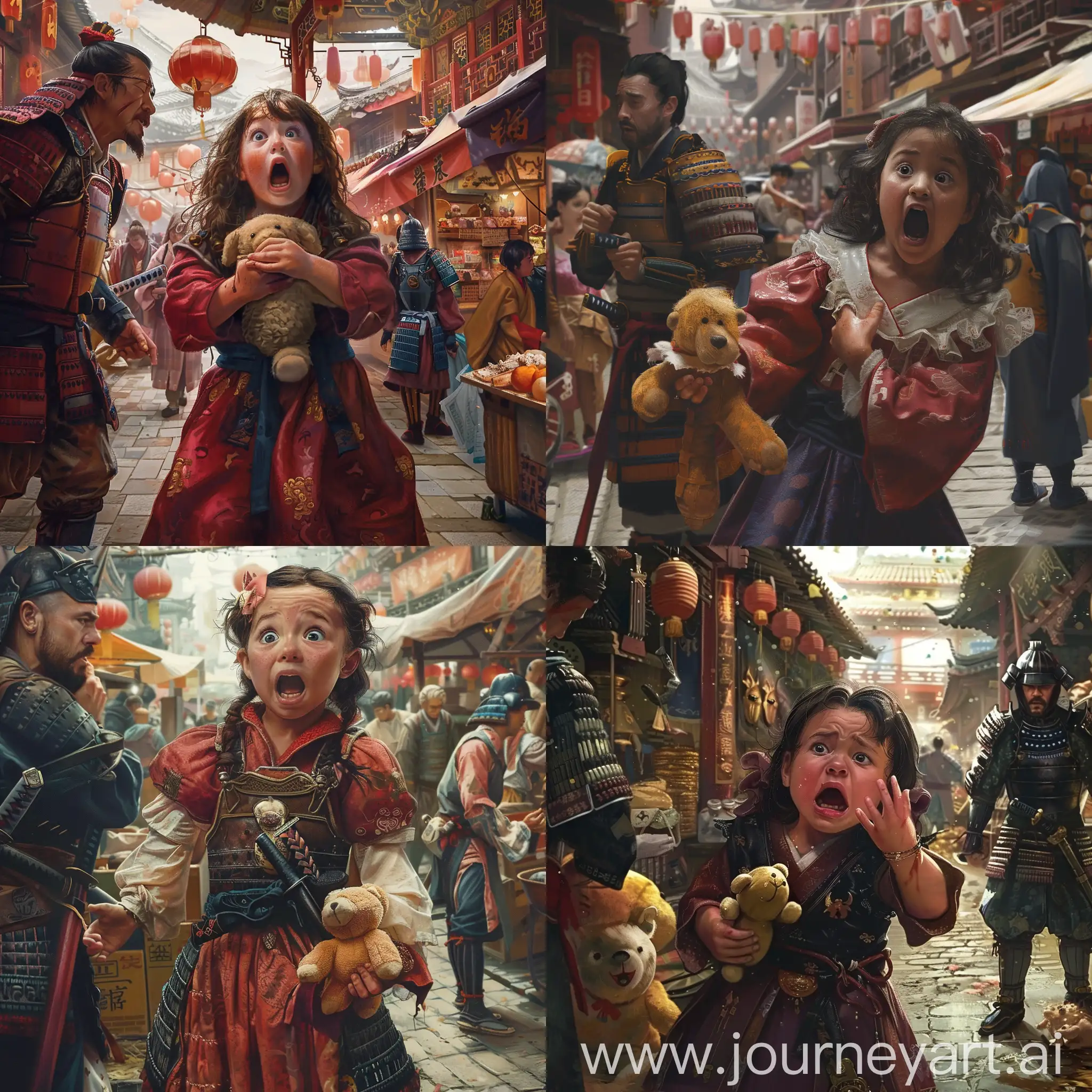 Por favor generame la imagen de que tenga una niña de 5 años de la época medieval de España pero ubicada en un mercado Chino y un samurai buscándola, con un uso de peluche en la mano y cara de miedo porque se siente perdida