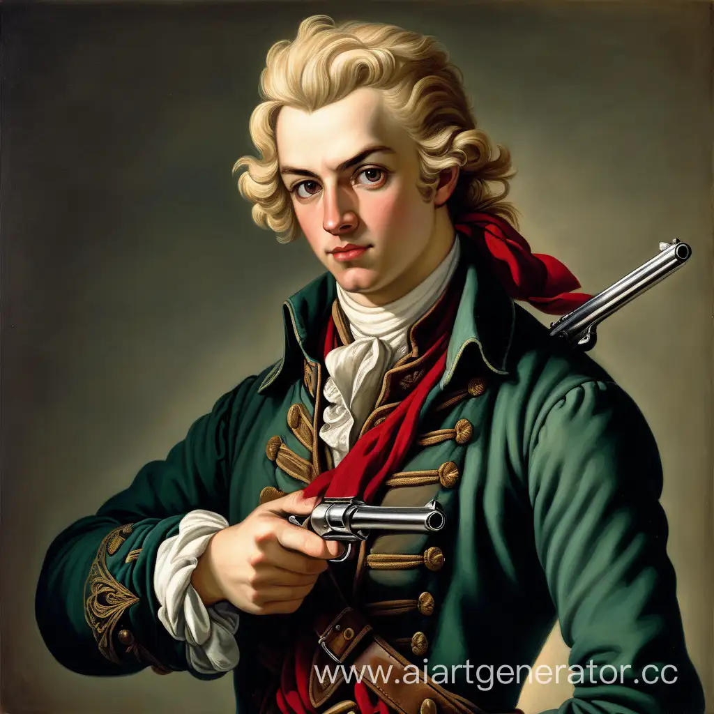 Юноша в одежде начала 18-го века, с красным шарфом, тёмно-зелёной длинной рубашкой, карими глазами, блондин, держит кремниевый пистолет направленный на зрителя. Общий тон мрачный