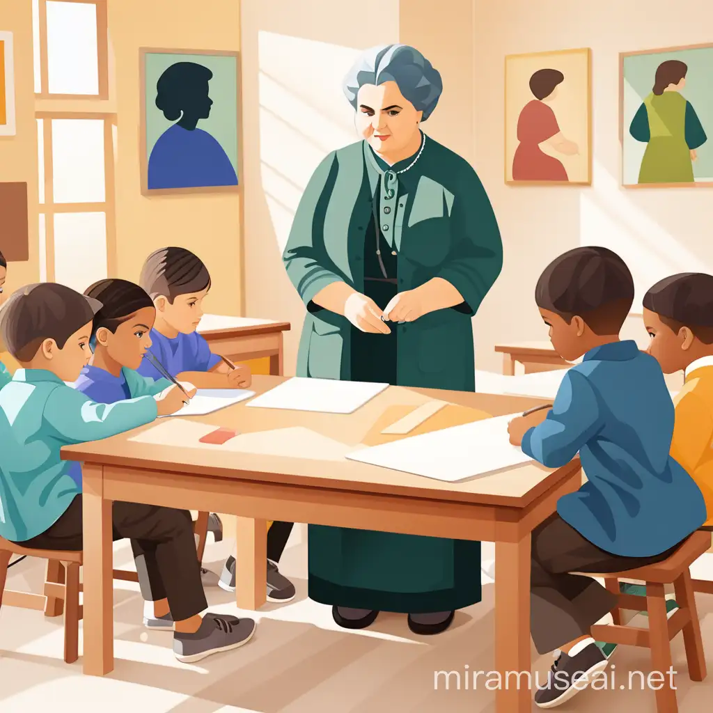 Maria Montessori Teaching Students in Classroom