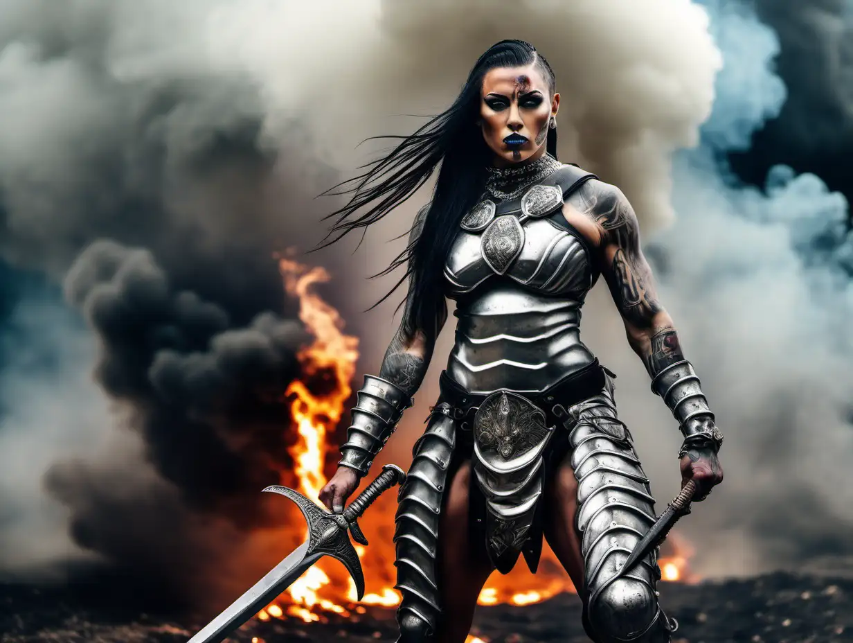 full height big tattooed extremely muscular female barbarian bodybuilder with black hair in tight braids wearing silver armor standing on a battlefield carrying a bloody sword with smoke and flames in the background