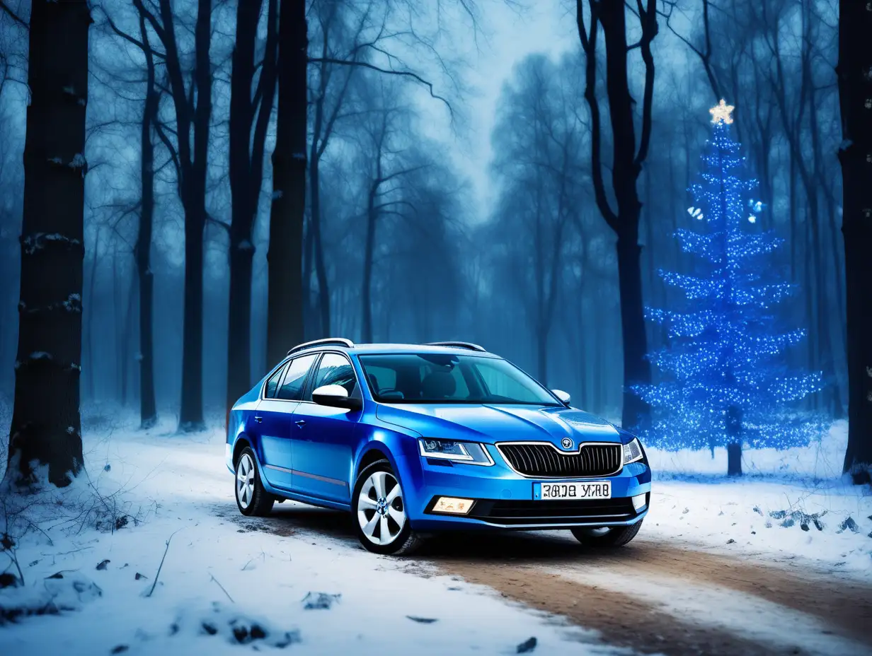 blue colurs  winter oak forest and Christmas lights and Eve in the background and Skoda Octavia  car and text "Baltic auto parts" in license plate
