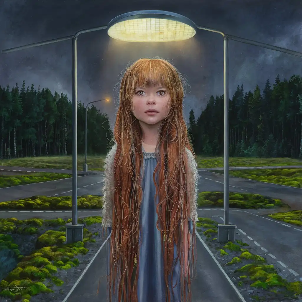 Enchanting-RedHaired-Girl-Illuminated-by-Glowing-Street-Lamp-in-Night-Forest