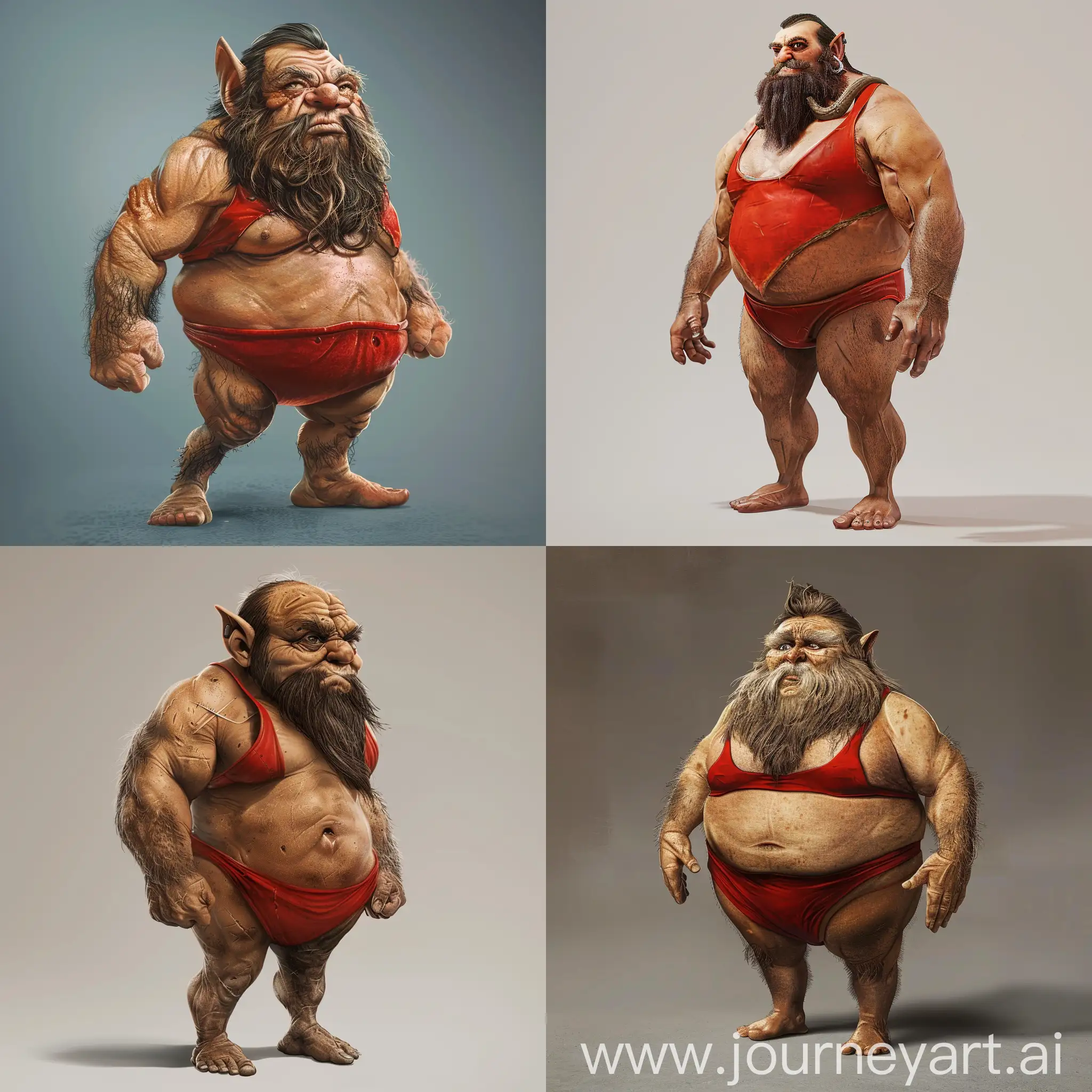 I'd like a photo realistic picture of a mountain dwarf barbarian. He is wearing a red one piece swimsuit. He is surly and a bit overweight.