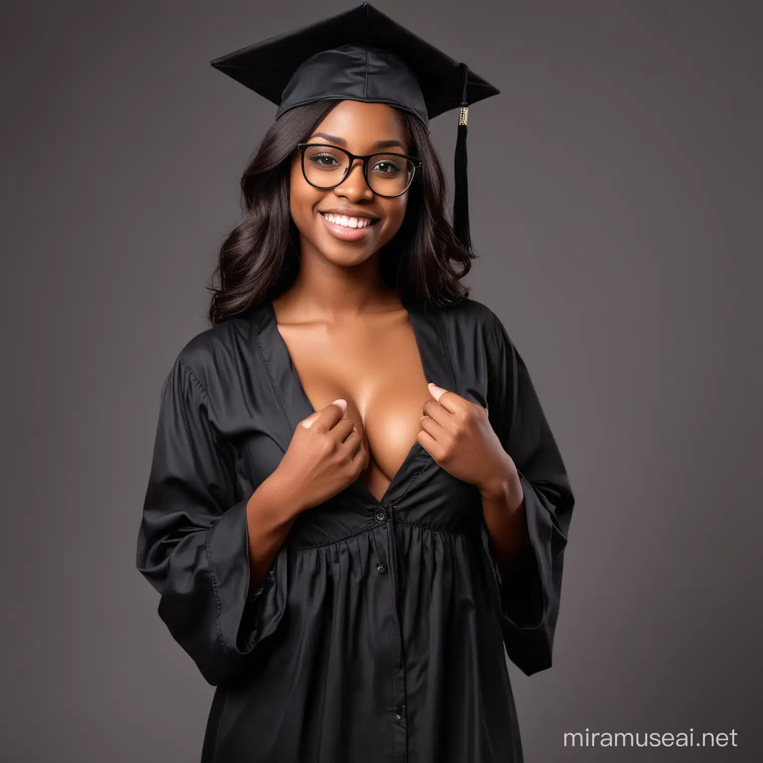 Realistic dark skin sexy looking, beautiful Africa female student in her late 20s, on glasses, naughty smile, putting on an unbutton graduation gown reviling her breast,graduation hat, cleavage, on black trousers , sexy posture