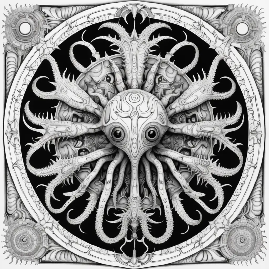 Coloring book image. Black and white only. Symmetrical and balanced mandala with disgusting slimy, dripping human-starfish hybrid with segmented fly eyes in style of H.R Giger. Clean and clear outlines that allow for easy coloring. Ensure the design provides ample space for creativity and coloring.