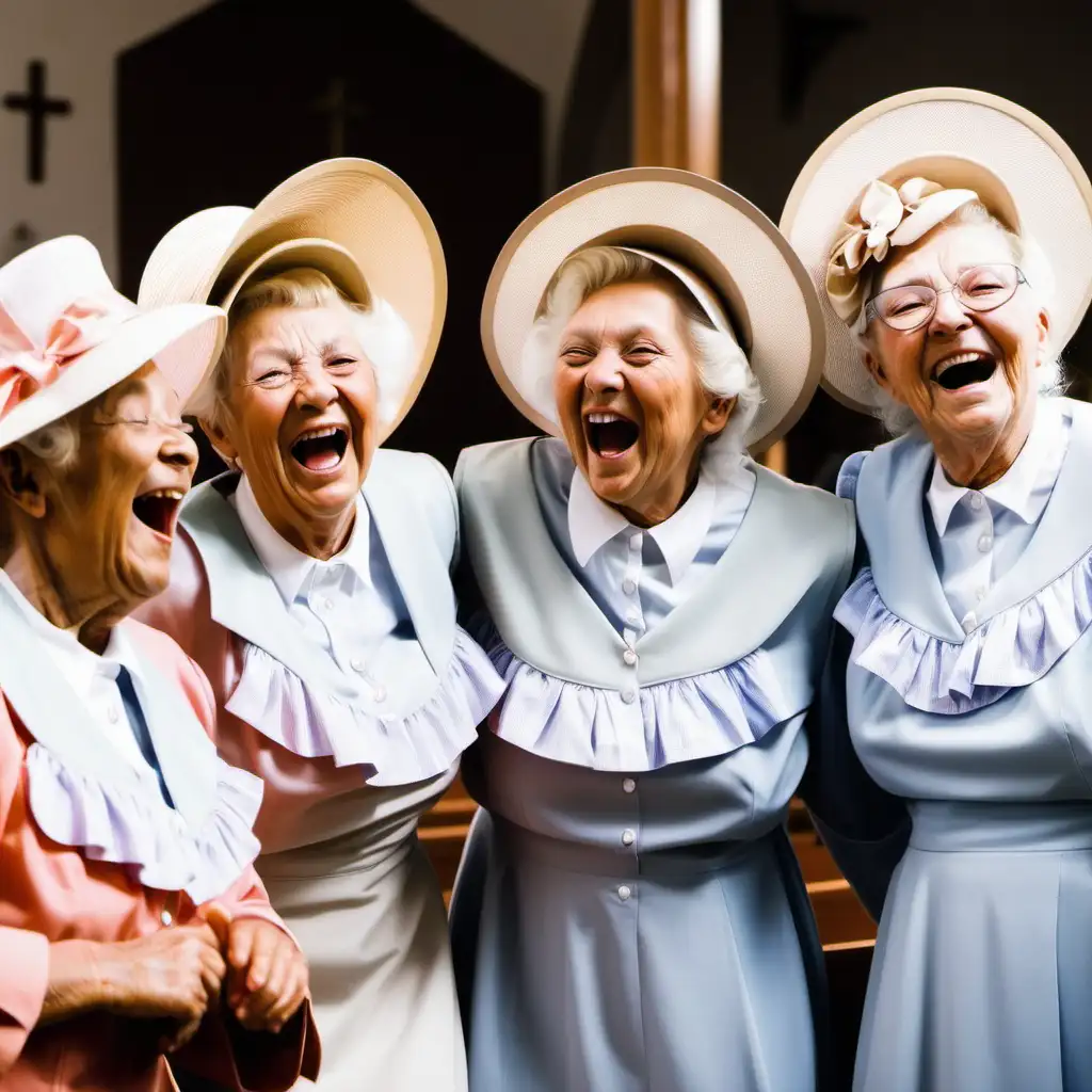 four old ladies in church dresses and hats laughing at church