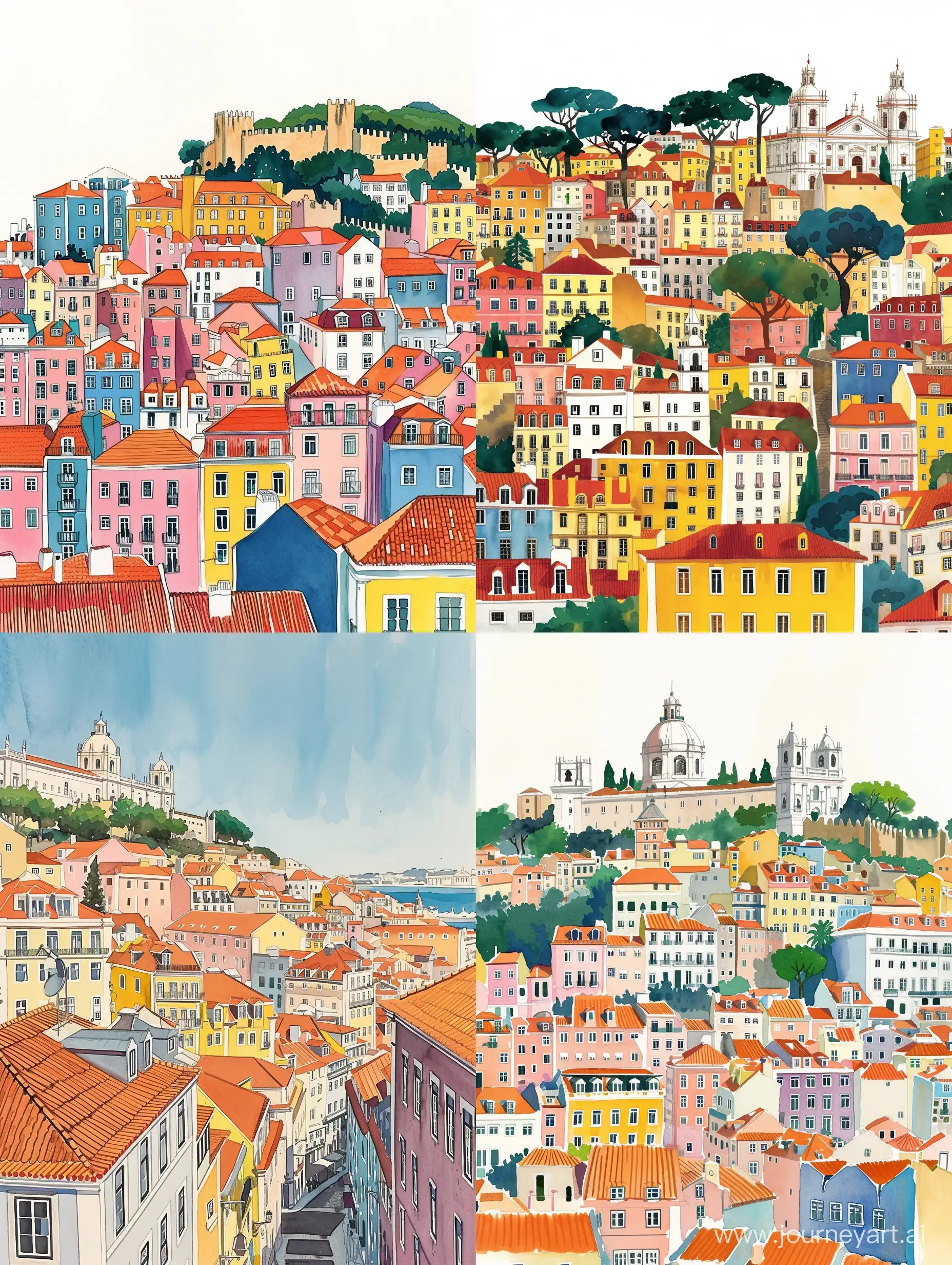 The city of Lisbon with watercolor paints , illustration size: width 32 cm, height 15 cm