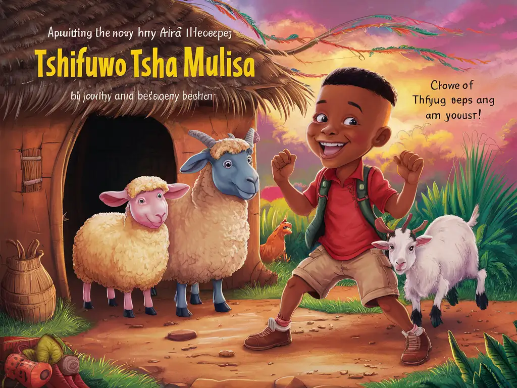 book cover, title; Tshifuwo Tsha Mulisa. children's art illustration, full figure 8 year old african brown boy character outside his african home with his sheep, short haircut wearing a red shirt and khaki shorts and brown shoes, with his pet goat, cute poses, excited expressions, full colour, front view, no outline