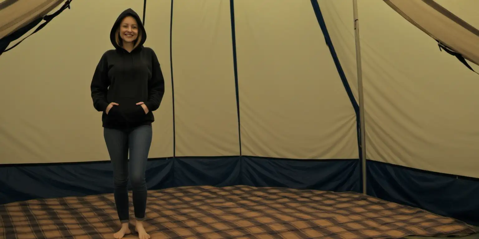 Smiling Woman in Dark Blue Jeans and Black Hooded Sweatshirt Stands Barefoot in Large Nighttime Tent