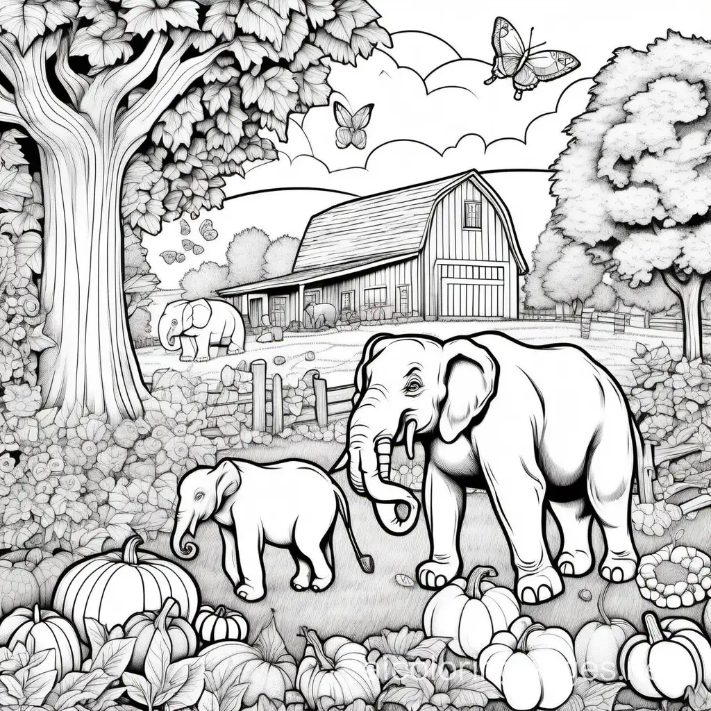 a farm realm,  a barn, a tractor, an old pickup, a train,realistic elephants and bears, a horse, pumpkins, fruits and vegetables, flowers and a gnome with an open book by an old tree  in a field of flowers and butterflies and books on a sunny day with a rainbow in the sky, Coloring Page, black and white, line art, white background, Simplicity, Ample White Space. The background of the coloring page is plain white to make it easy for young children to color within the lines. The outlines of all the subjects are easy to distinguish, making it simple for kids to color without too much difficulty
