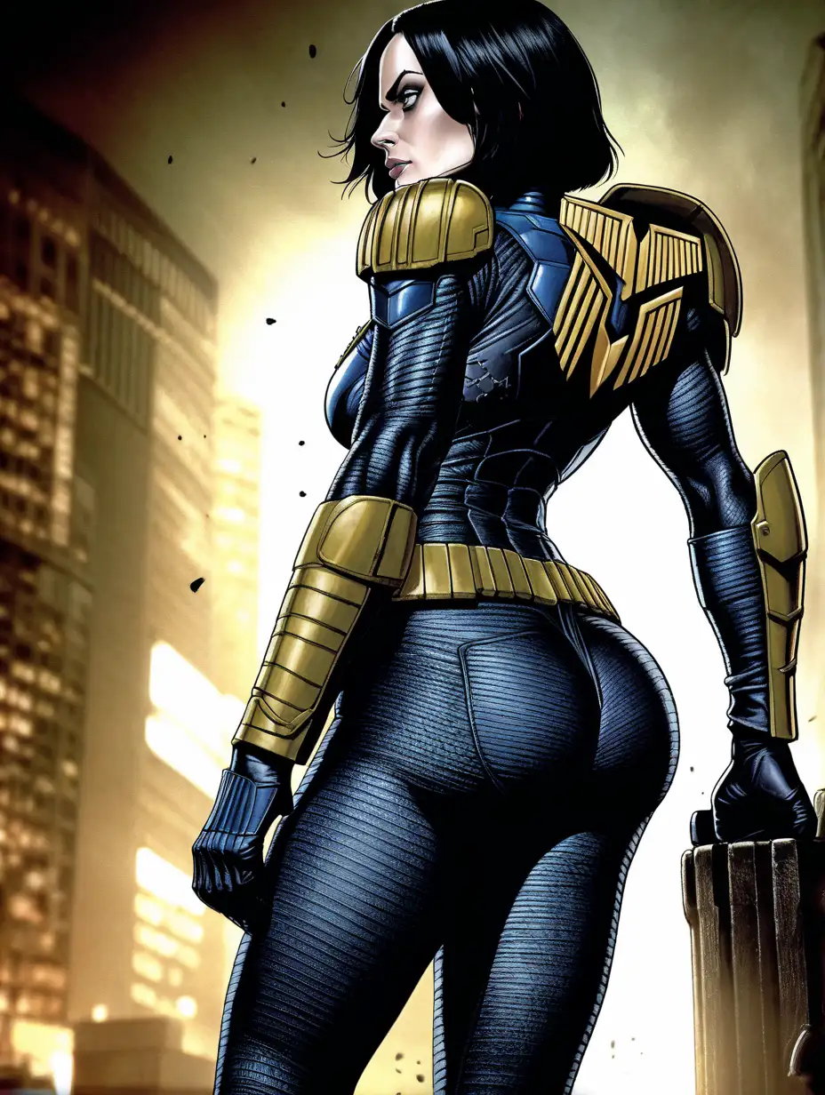 Antje Traue, Judge Dredd, comic book movie, Judge Hershey, night, highly detailed, black hair, seductive, tights, side angle, thick, cleavage