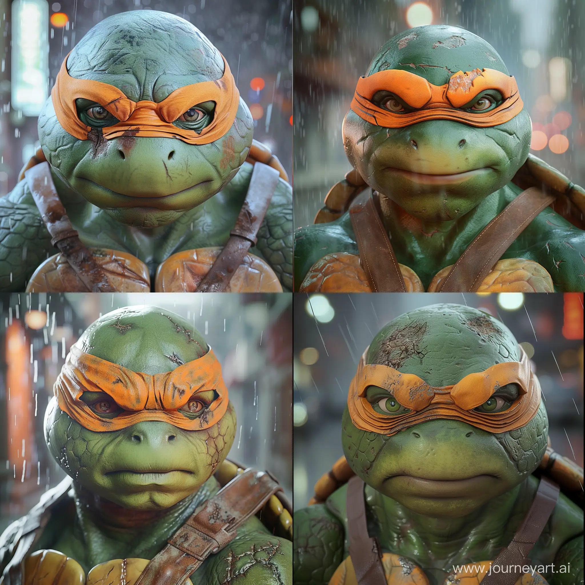 an anthropomorphic turtle character with distinct features suggesting it's from the "Teenage Mutant Ninja Turtles" franchise. The character has green skin with a rough texture, resembling the skin of a real turtle. The eyes are forward-facing, displaying a focused and somewhat stern expression.

The character wears an orange mask that covers the eyes and ties at the back of the head; this particular color of mask typically corresponds to the character Michelangelo in the franchise. There are signs of wear and battle scarring on the skin and mask, which add to the realism of the character.

Additionally, the character seems to be wearing a brown leather harness-like strap across the chest, which is part of the typical Ninja Turtle attire, often used to carry their weapons. The background is blurred, but it appears to be a dimly lit environment that could resemble a city street, and there's some rain visible in the scene, likely added for atmospheric effect.

The image is a high-quality, realistic rendition of the character, possibly from a live-action movie, a high-end collectible figure, or a detailed computer-generated illustration --v 6