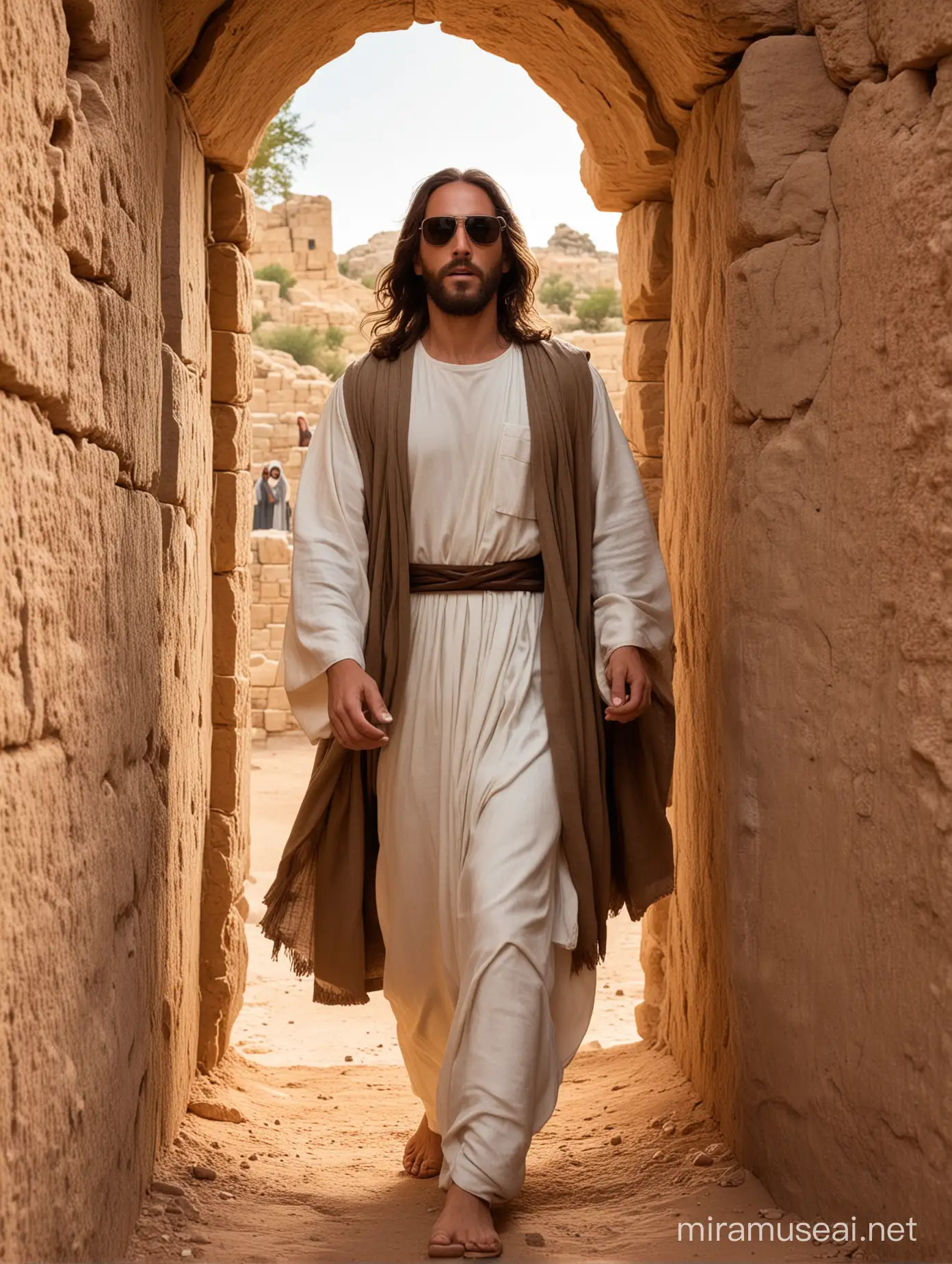 Resurrected Jesus in Sunglasses Striding Out of Tomb