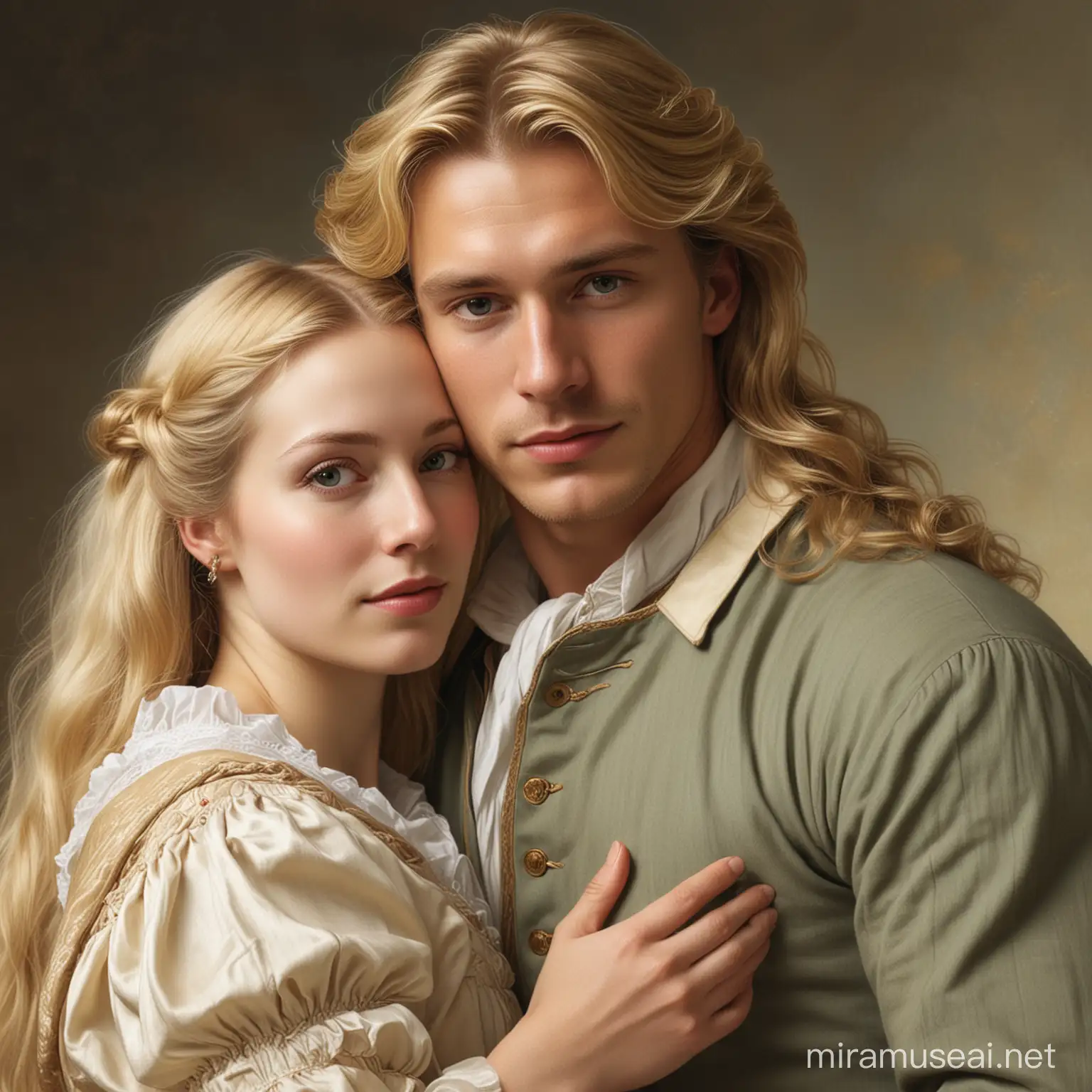 Victorian Couple Embraced Noble Man with Long Blond Hair and Fair Skin Beside a Beautiful Woman