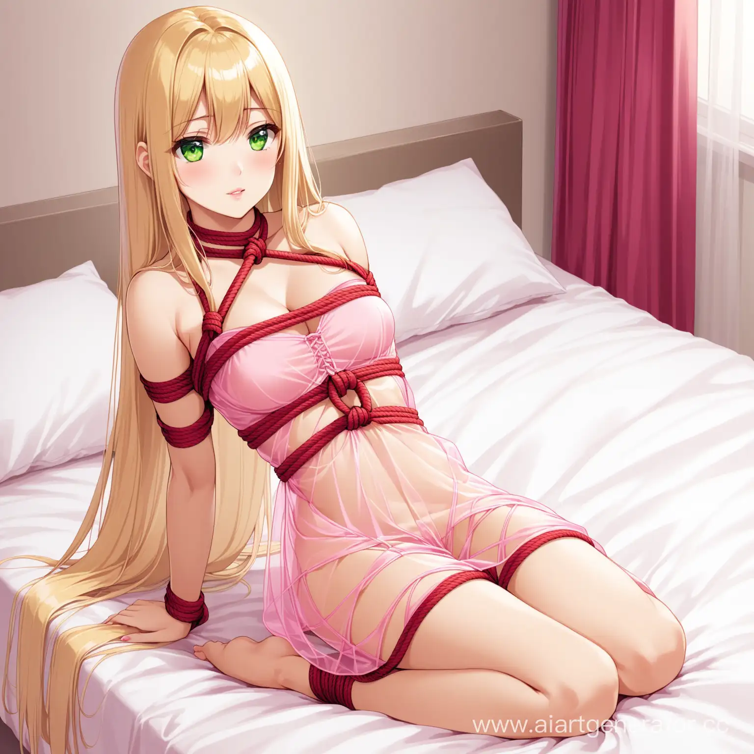 Sensual-Blonde-Girl-in-Pink-Dress-and-Shibari-Red-Rope-on-Bed
