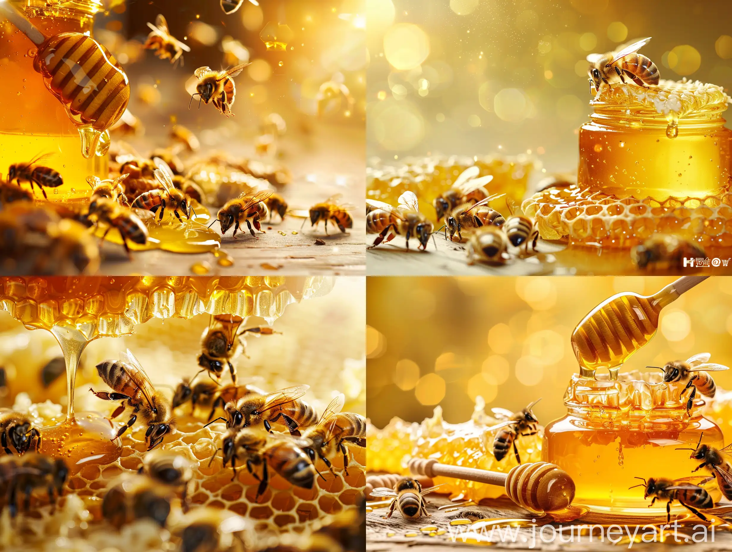 Studio photography with golden background of honey and bees