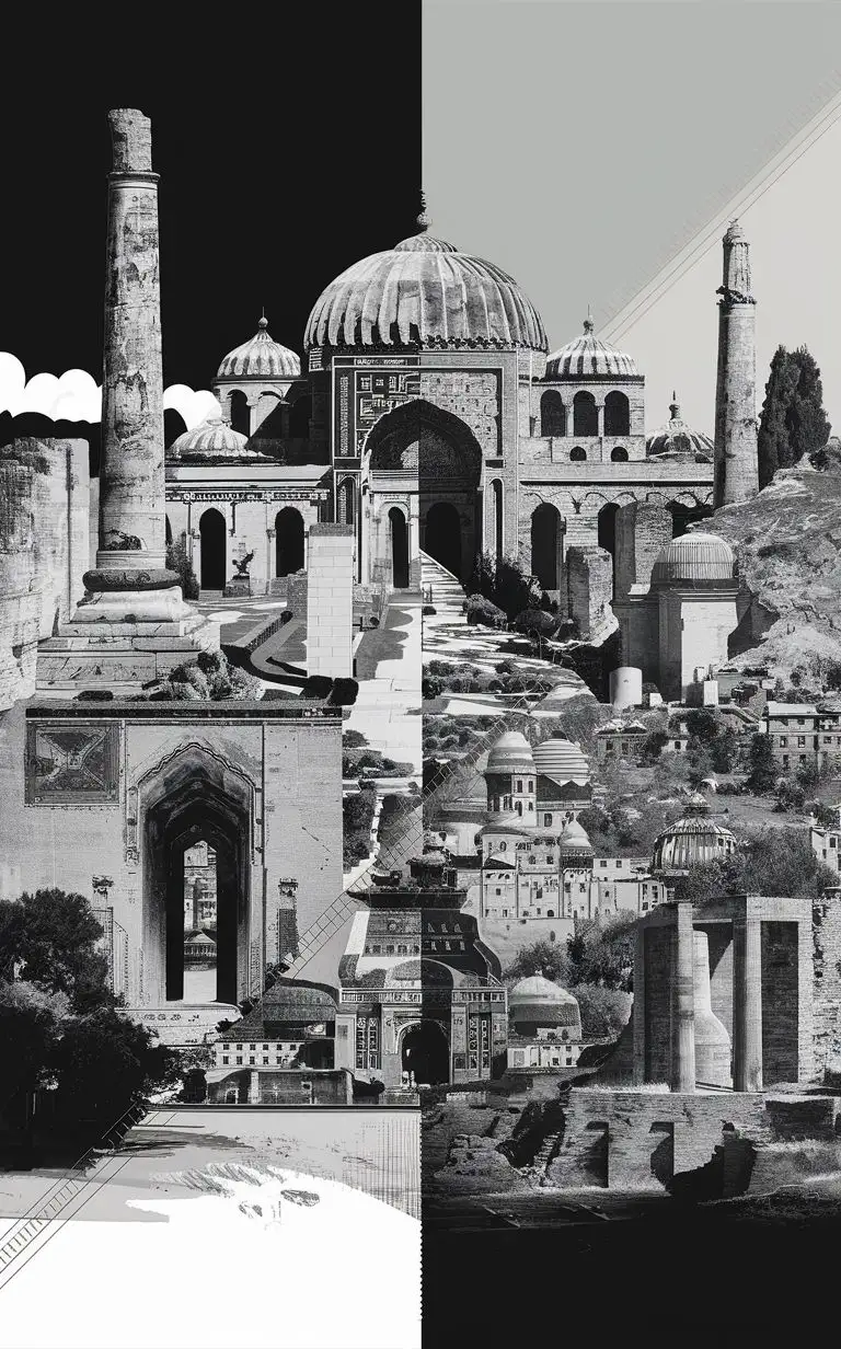 Monochrome Collage of Persepolis and Shiraz Blending Ancient Persian Architecture with Modern Artistry