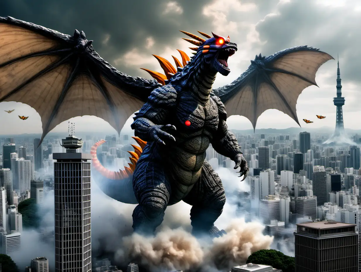 Godzilla and Mothra attacking Tokyo in 2022