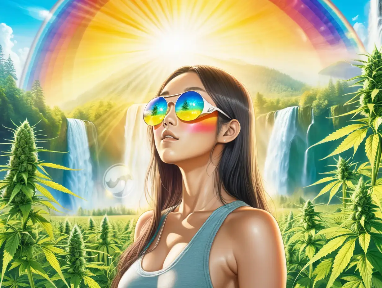 Sexy Asian Woman wearing sun glasses and having the all seeing 3rd eye, while standing in a field of cannabis with a bright sunshine, rainbow and waterfall in the back