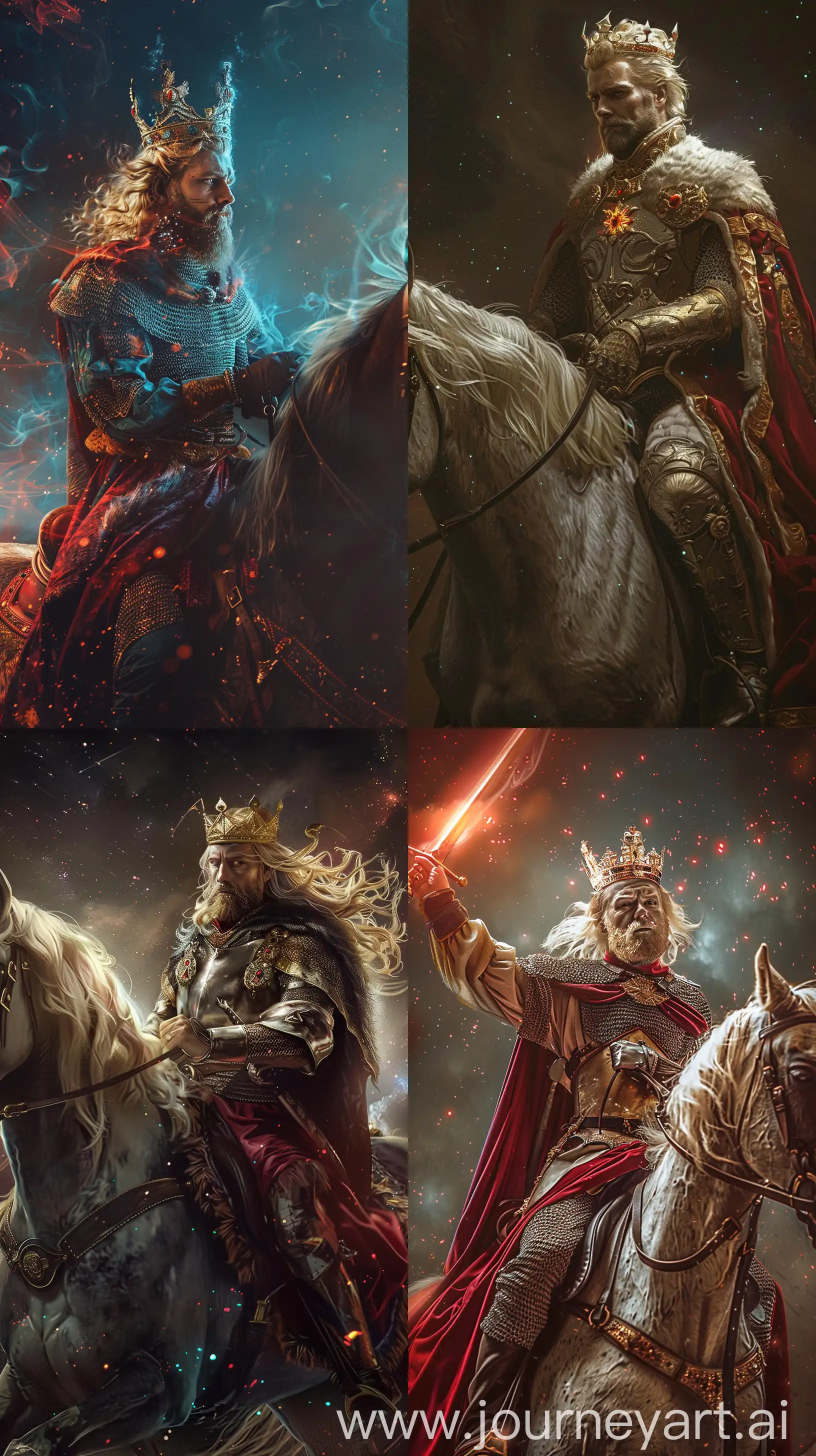 /imagine prompt: King Richard the Lionheart on horse with gaze, blonde fairhair and beard, depicted in king attire and crown, Photobashing, Bioluminescence, Straight-On --ar 9:16