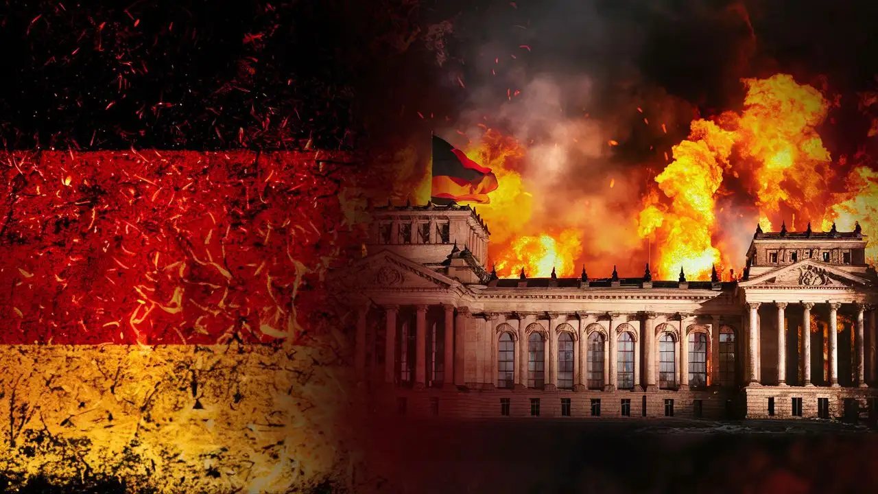 fire background, with a german famous image, especially government eg building, and a german flag on left side fading towards the right