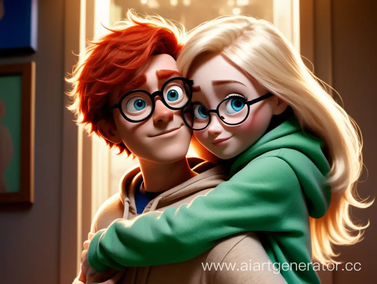 A poster in the style of Disney Pixar, which depicts a red-haired guy with short hair and green eyes in a beige hoodie and glasses, hugging a girl with blue eyes in glasses, a blonde in a beige hoodie