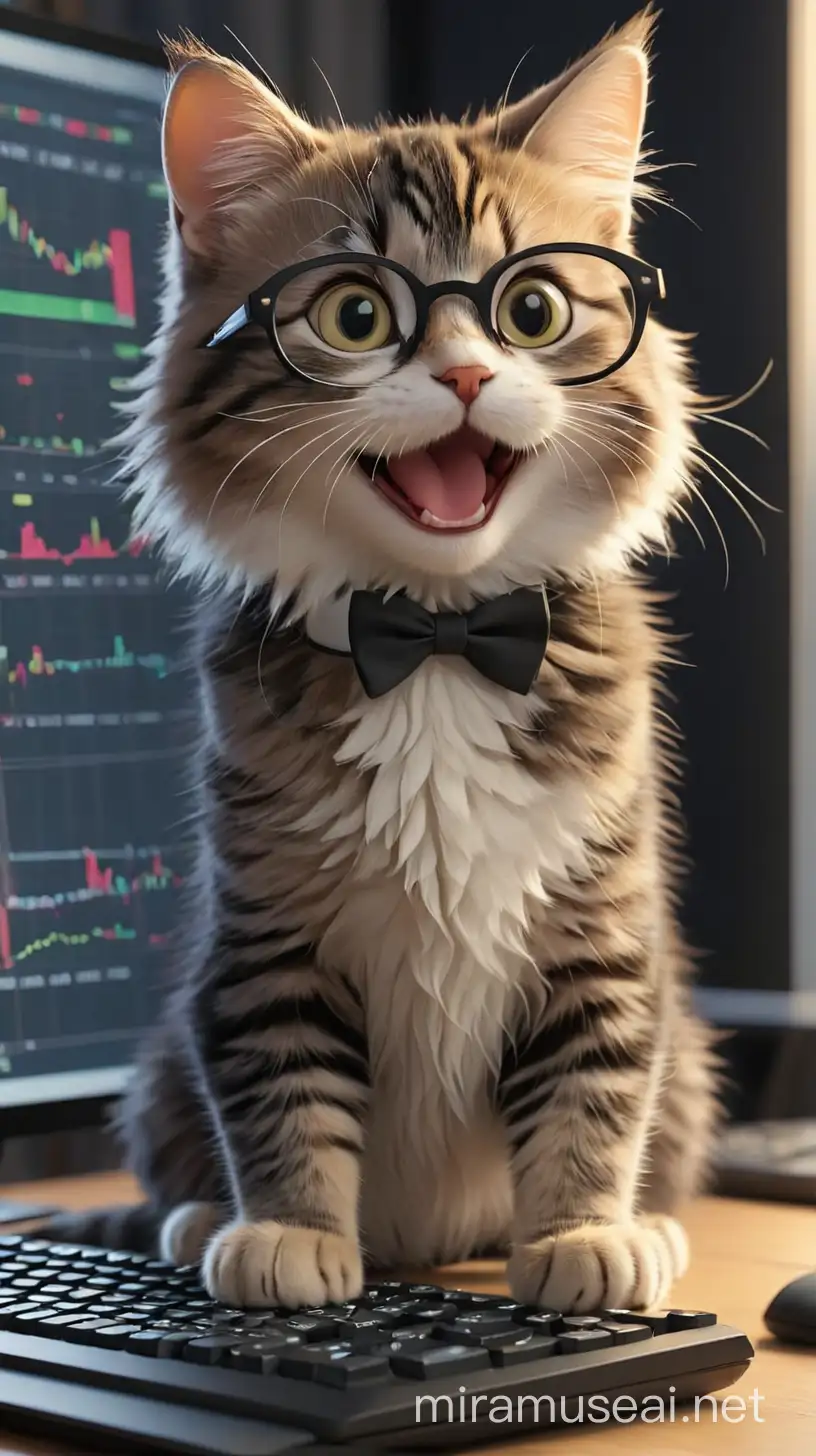 戴一副黑框眼镜，可爱的小猫咪是个金融操盘手，开心的表情，证券K线图的电脑屏幕，手在键盘上操作电脑