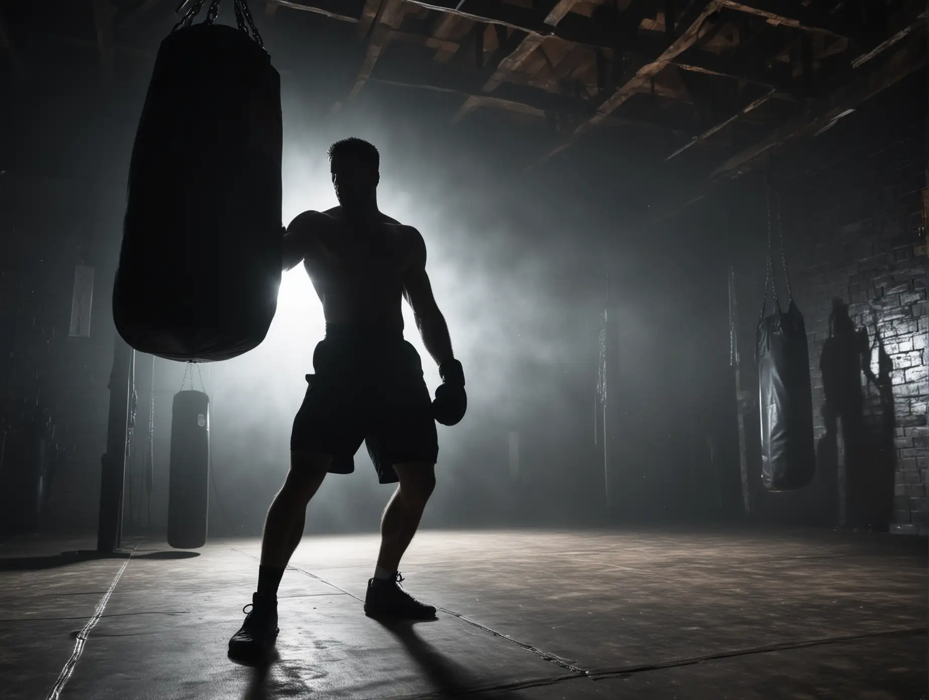 Silhouette of male fighter alone in dark gym hitting heavy bag